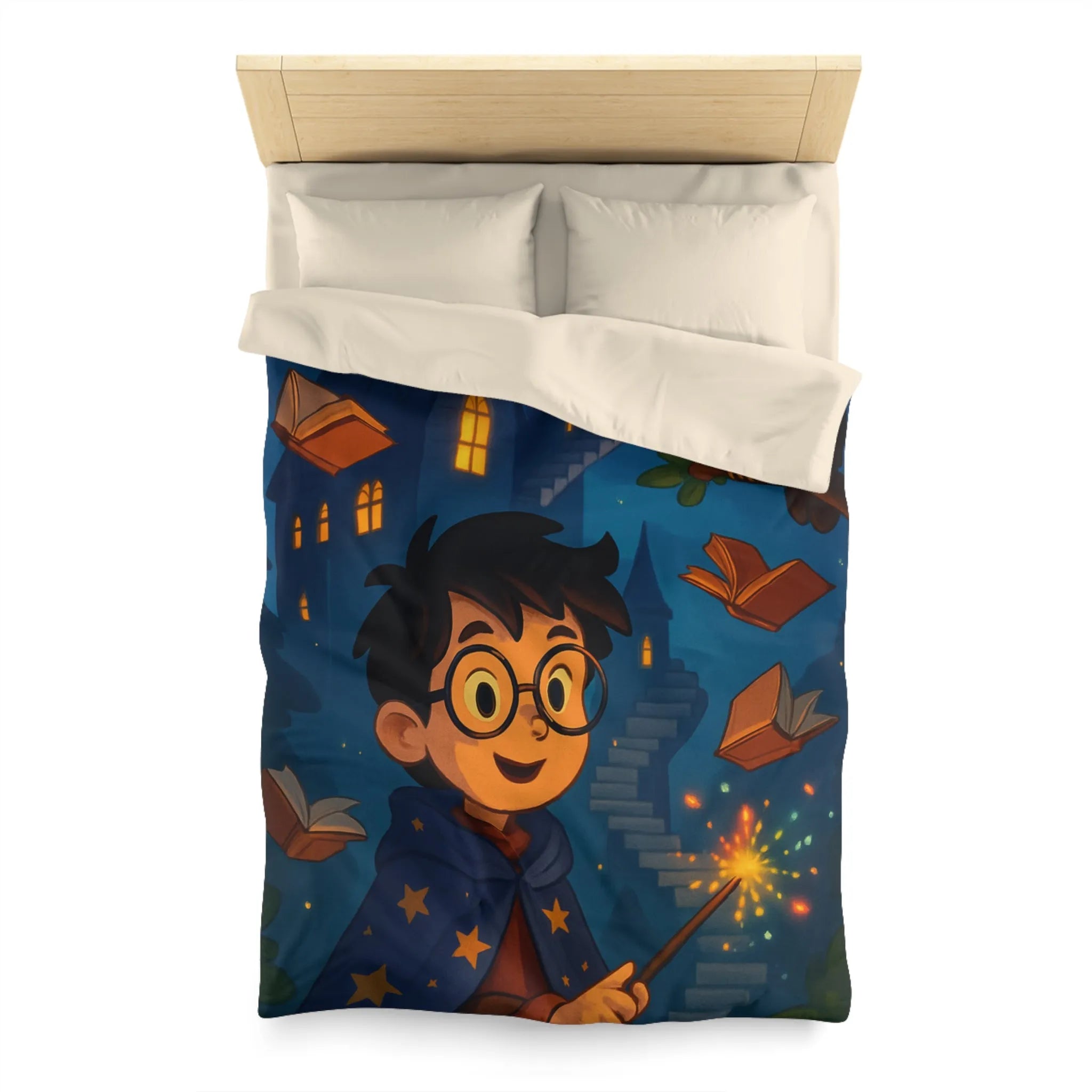 Housse de couette magique avec sorcier, hibou, château et livres enchantés étoiles