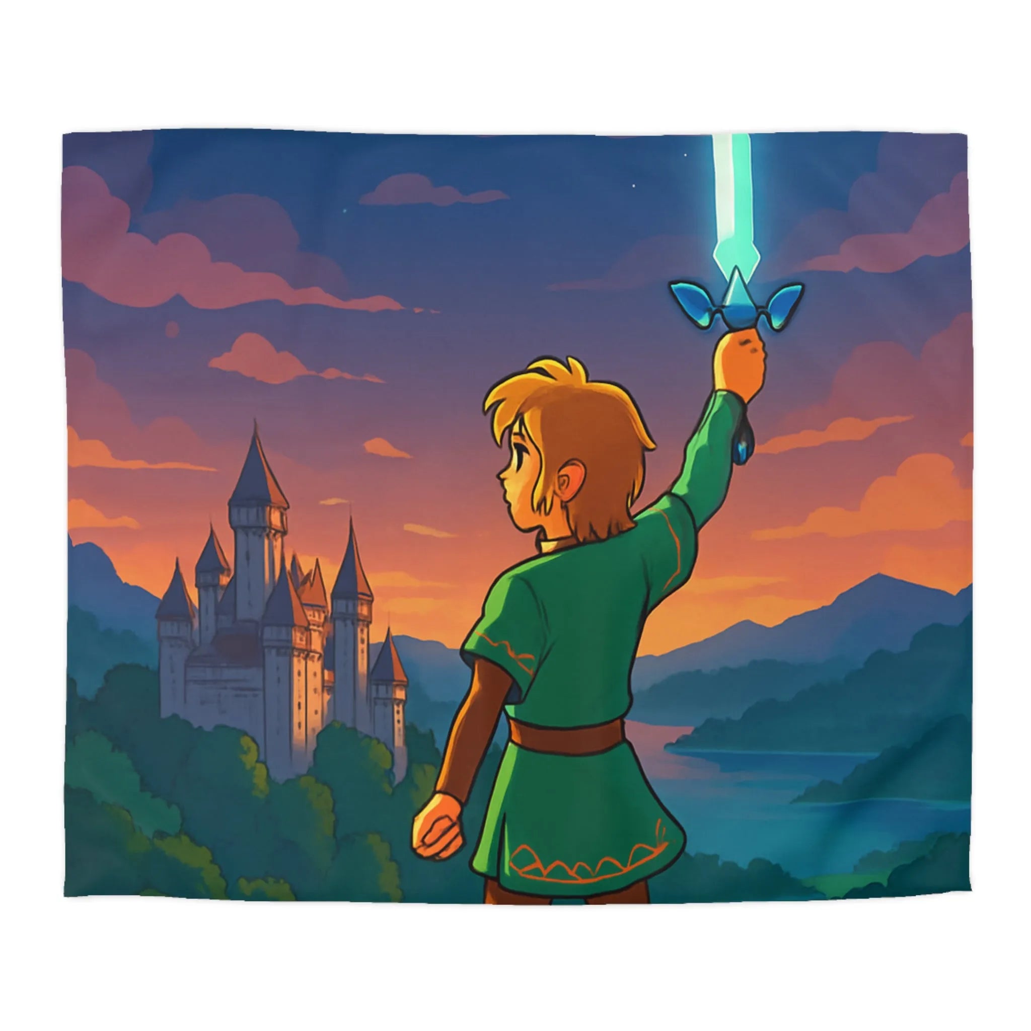 Housse de Couette Fantasy avec Épée, Château et Oiseau au Coucher de Soleil