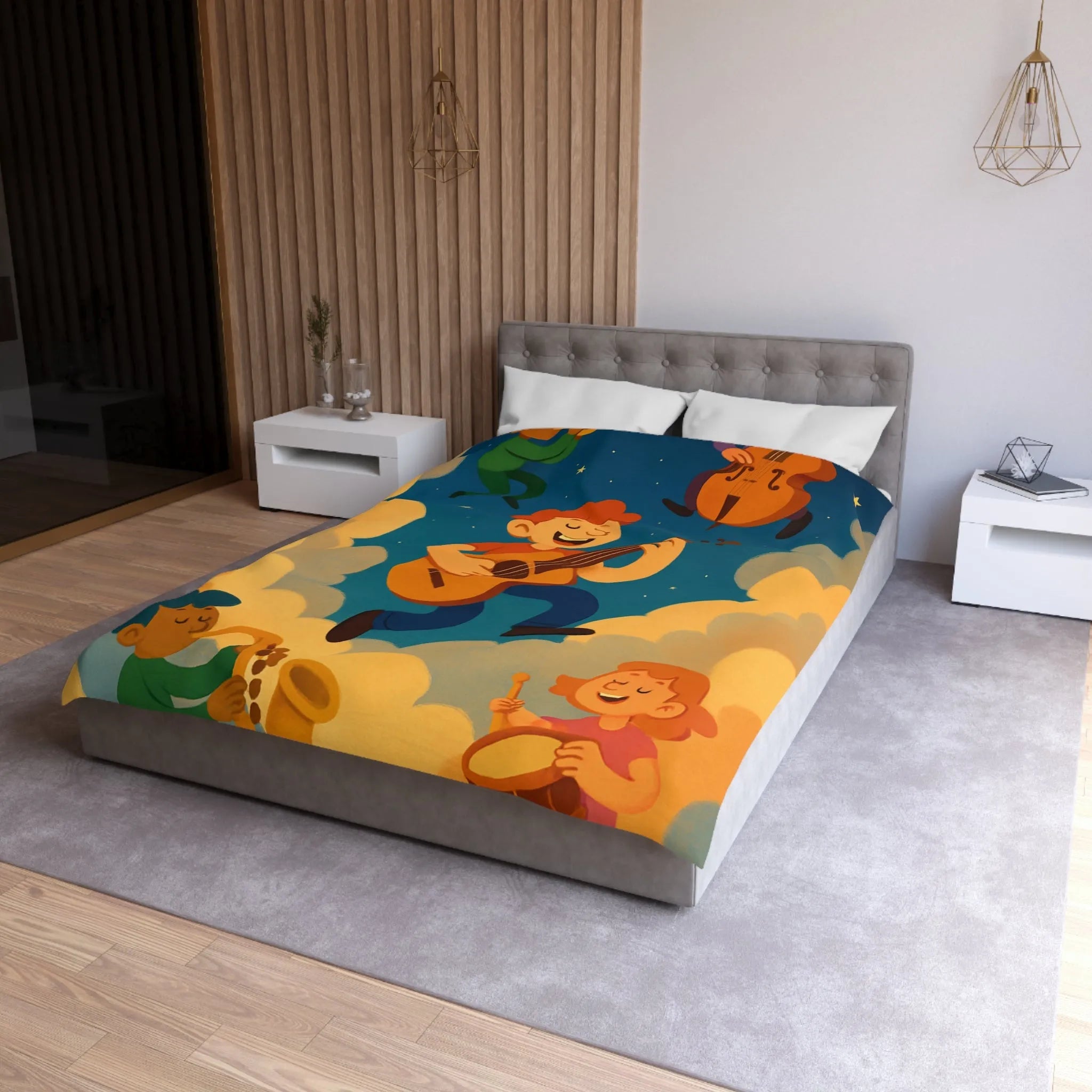 Housse de couette colorée avec musiciens joyeux flottant parmi les nuages étoilés