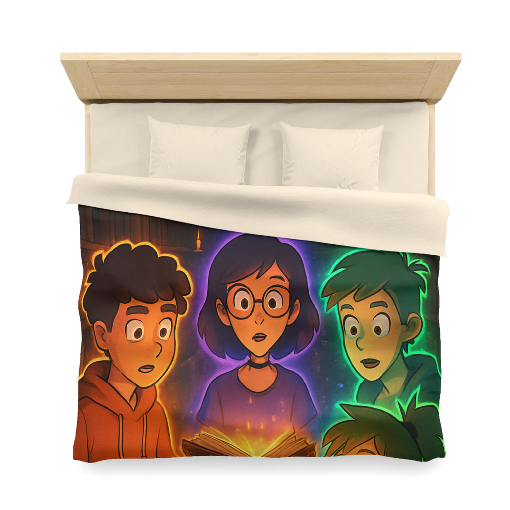 Housse de Couette Mystérieuse avec Enfants Découvrant Livre Magique dans Bibliothèque Enchantée