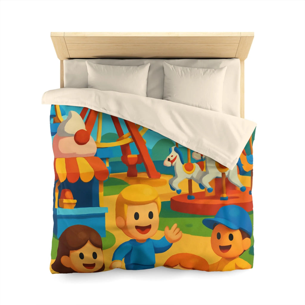 Housse de couette joyeuse avec motifs de fête foraine colorée et enfants souriants