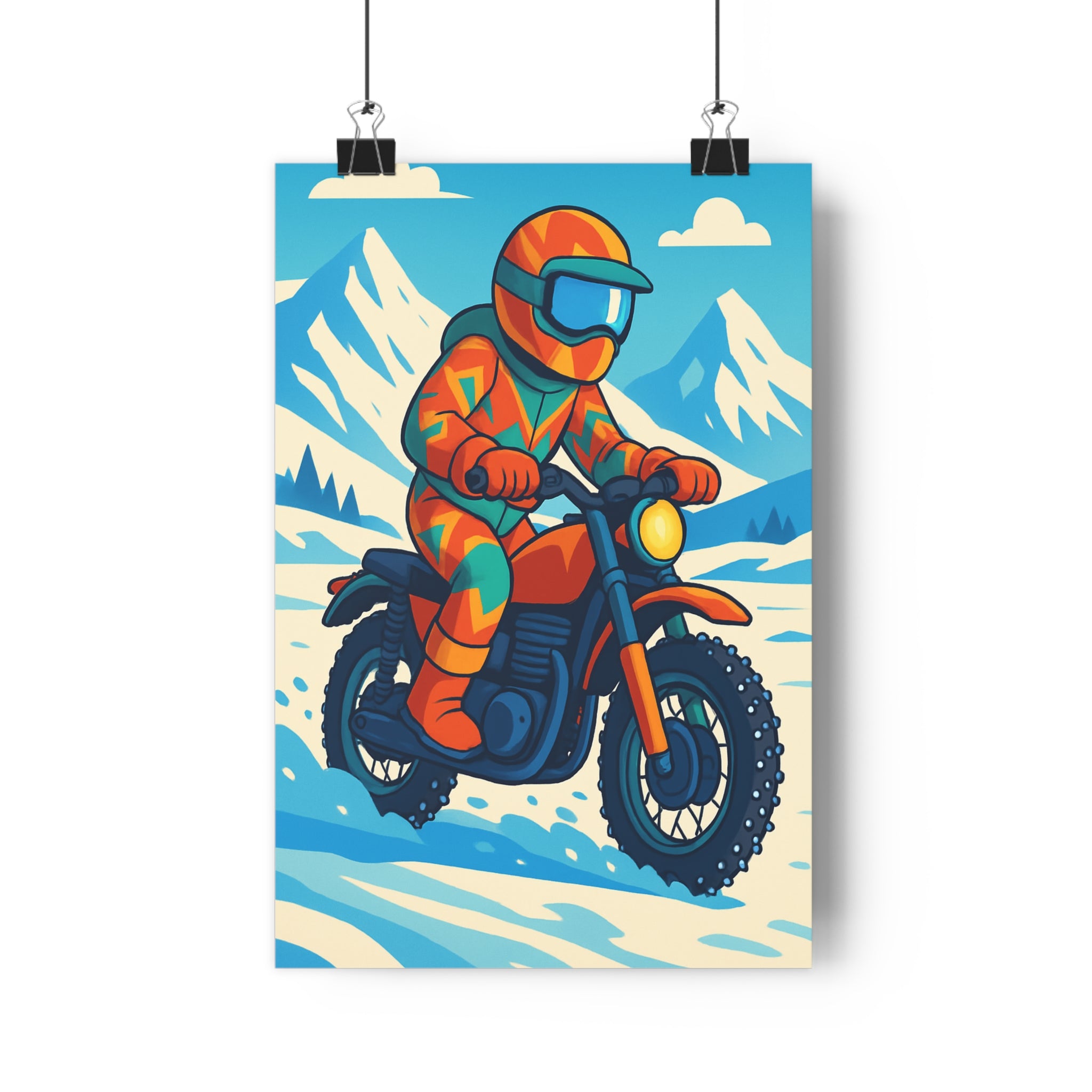 Poster décoratif action cartoon turquoise orange aventure chambre enfant motard montagne neige dessin animé