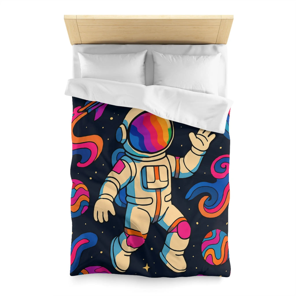 Housse de Couette Astronaute Psychédélique dans l’Espace avec Planètes Colorées et Fusées