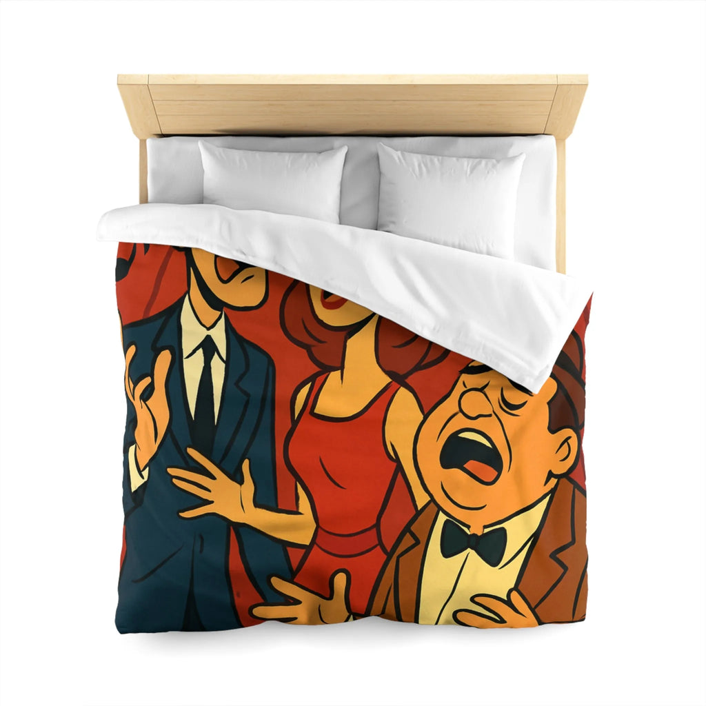 Ensemble vocal vintage animé exubérant, scène musicale rétro avec fond rouge et notes