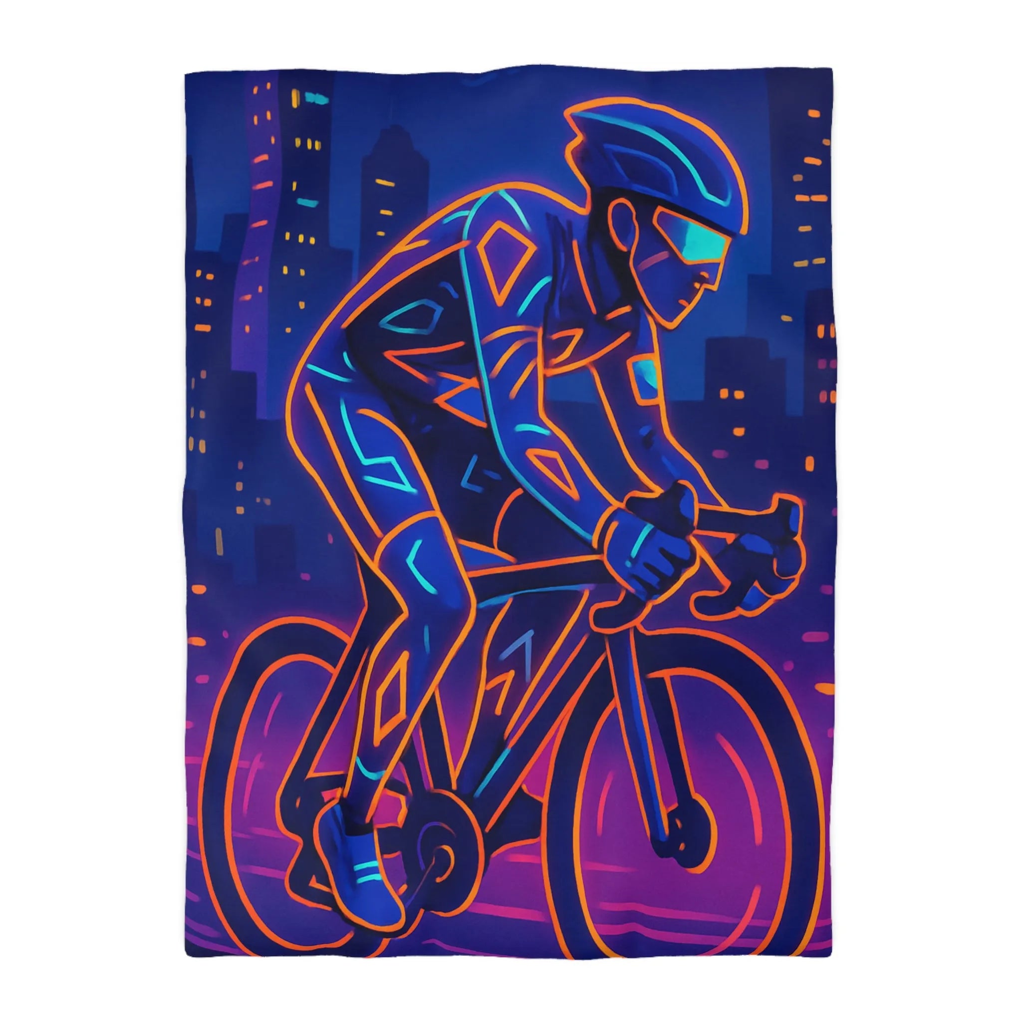 Housse de couette cycliste néon sur fond de ville sous ciel nocturne vibrant
