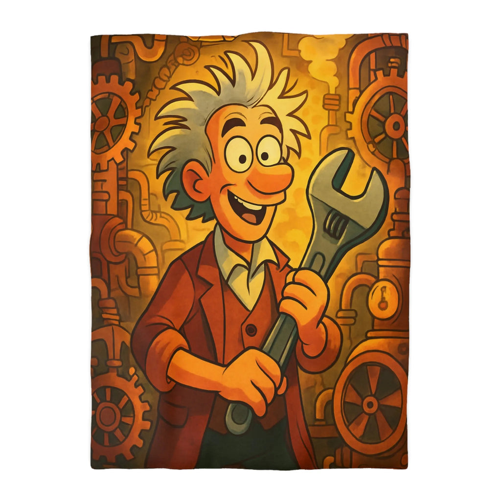 Housse de couette au style rétro avec inventeur animé dans un atelier coloré