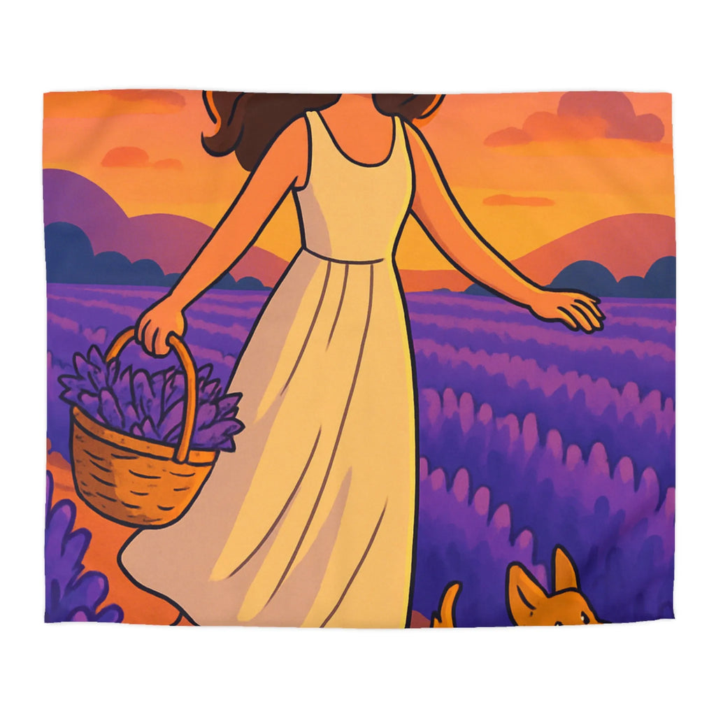 Housse de couette avec design fille et chien dans champ de lavande au coucher du soleil