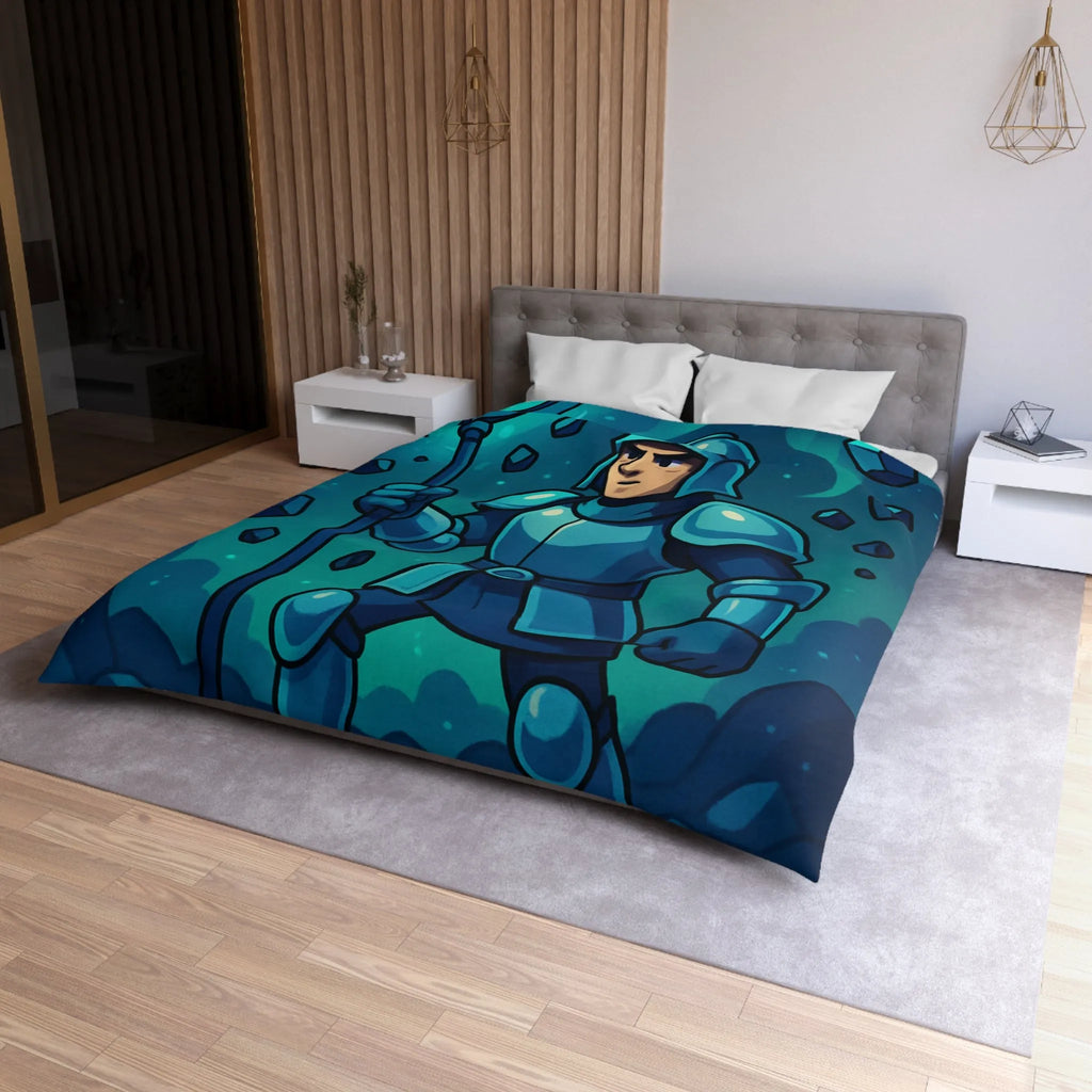 Housse de couette chevalier bleu avec sceptre magique et pierres précieuses sur fond nocturne