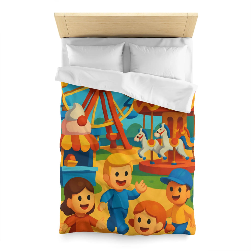 Housse de couette joyeuse avec motifs de fête foraine colorée et enfants souriants