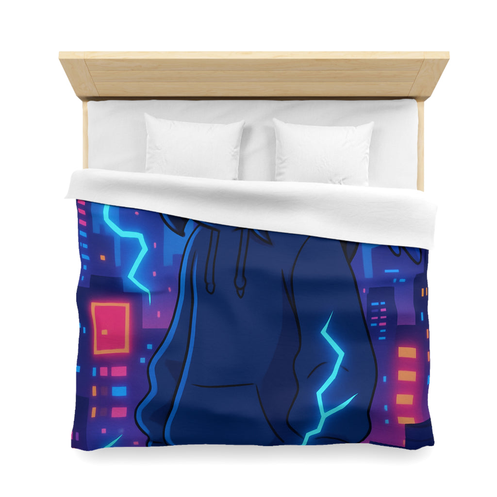 Tendance housse de couette bleu foncé avec motif urbain et perroquet électrique