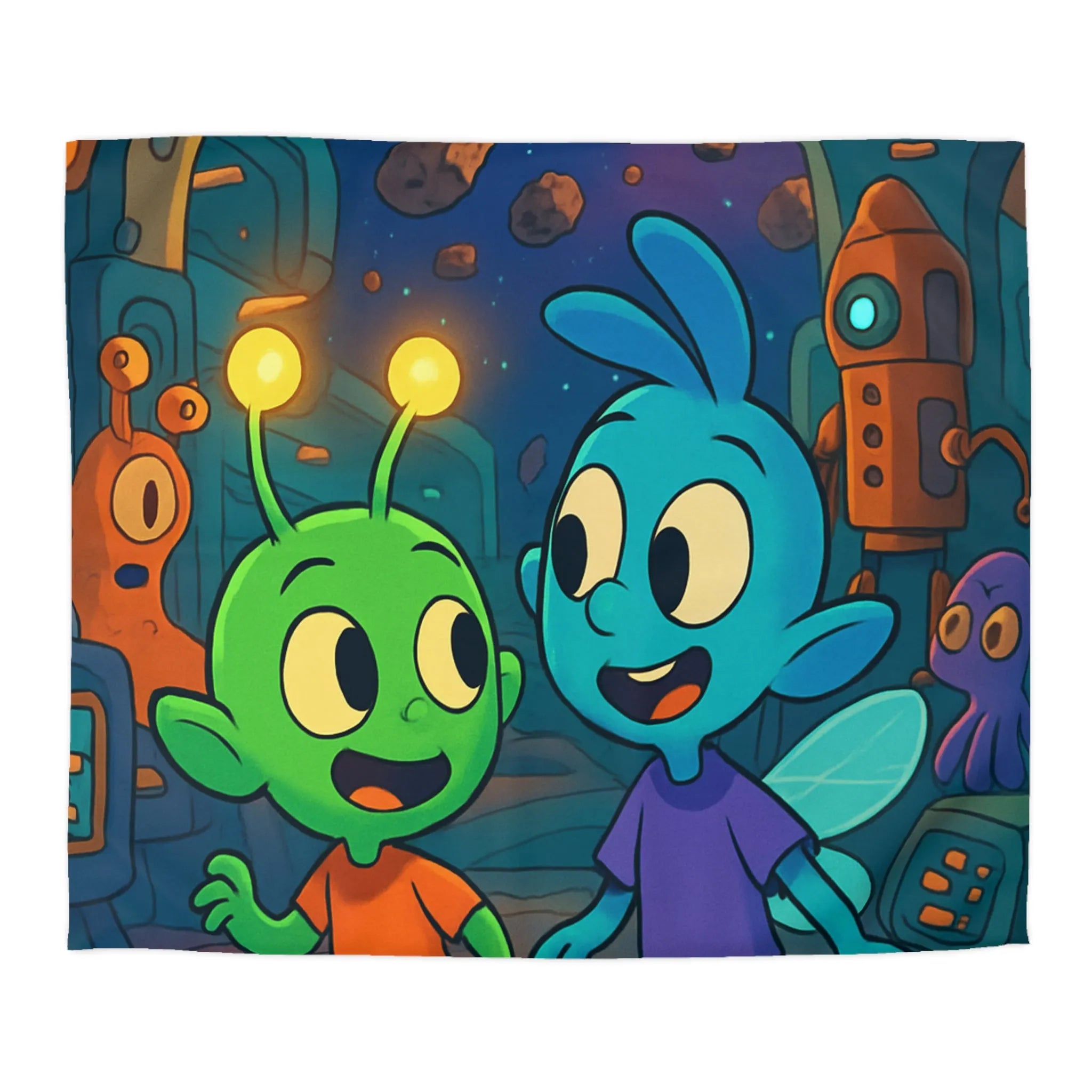 Housse de couette enfant extraterrestre bleu et vert dans vaisseau spatial coloré amusant