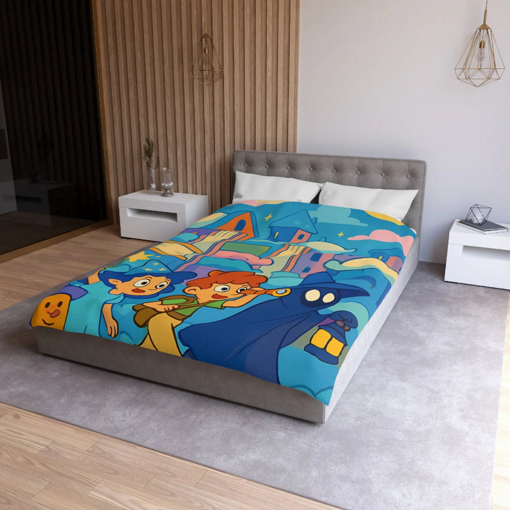 Housse de couette magique enfants avec illustration de sorcier, château et ciel étoilé