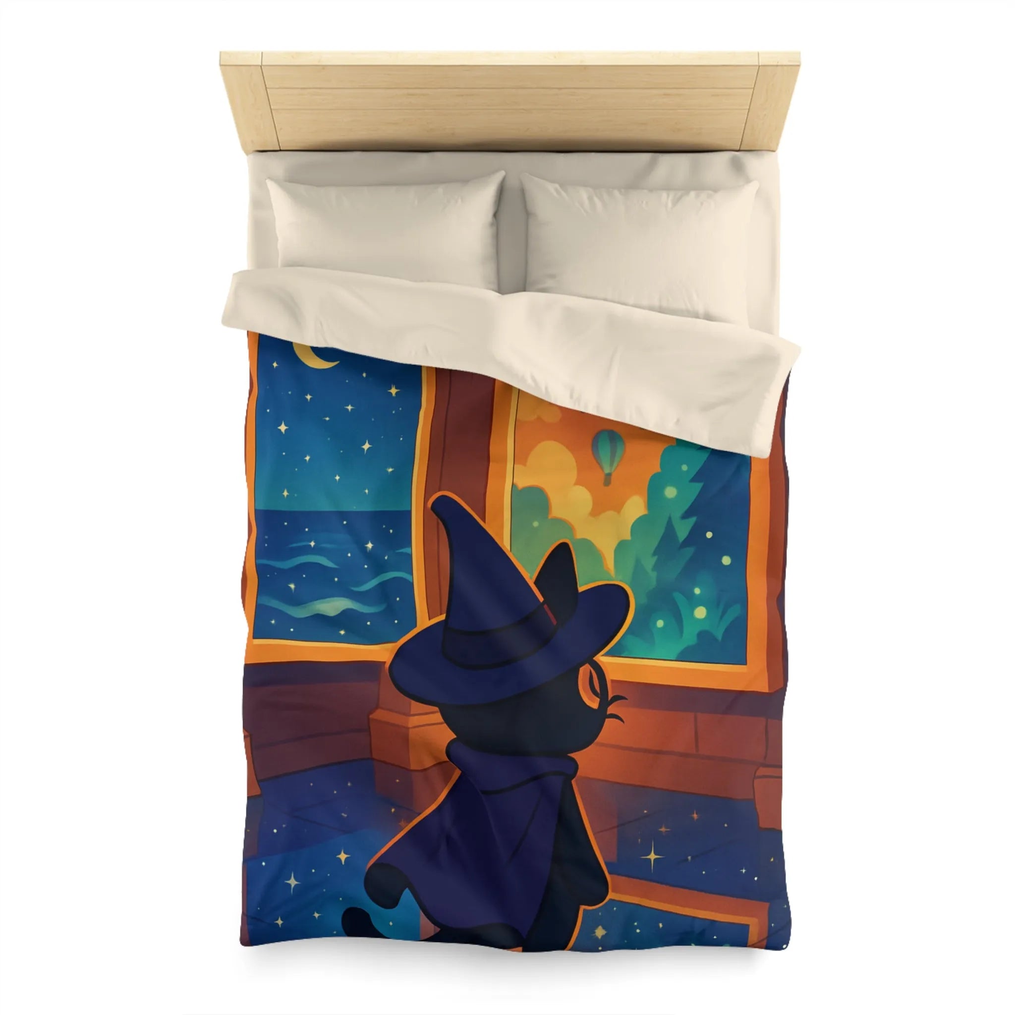 Housse de couette ambiance nocturne avec chat sorcier et paysages enchanteurs colorés