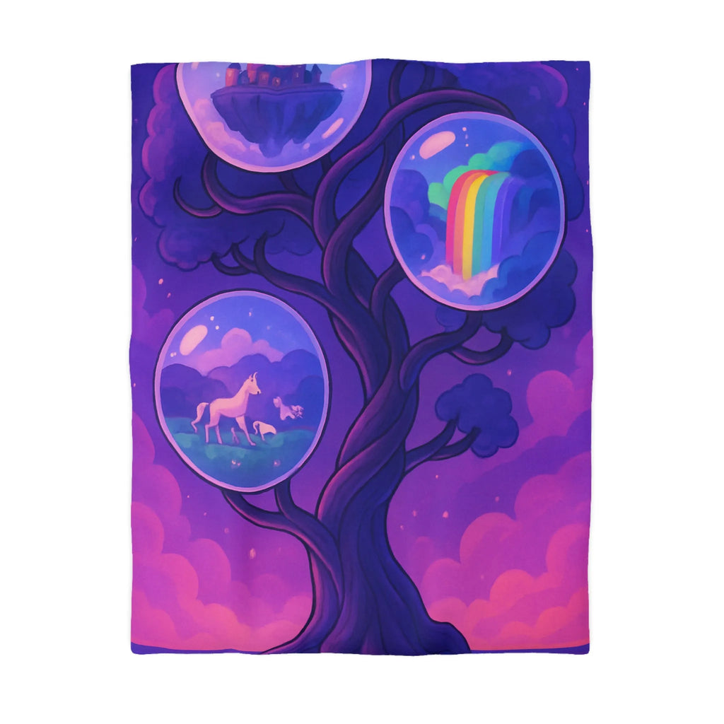 Enchanted Dreamscape Duvet: Mystical Castle, Majestic Unicorn, Vivid Waterfall on Tree