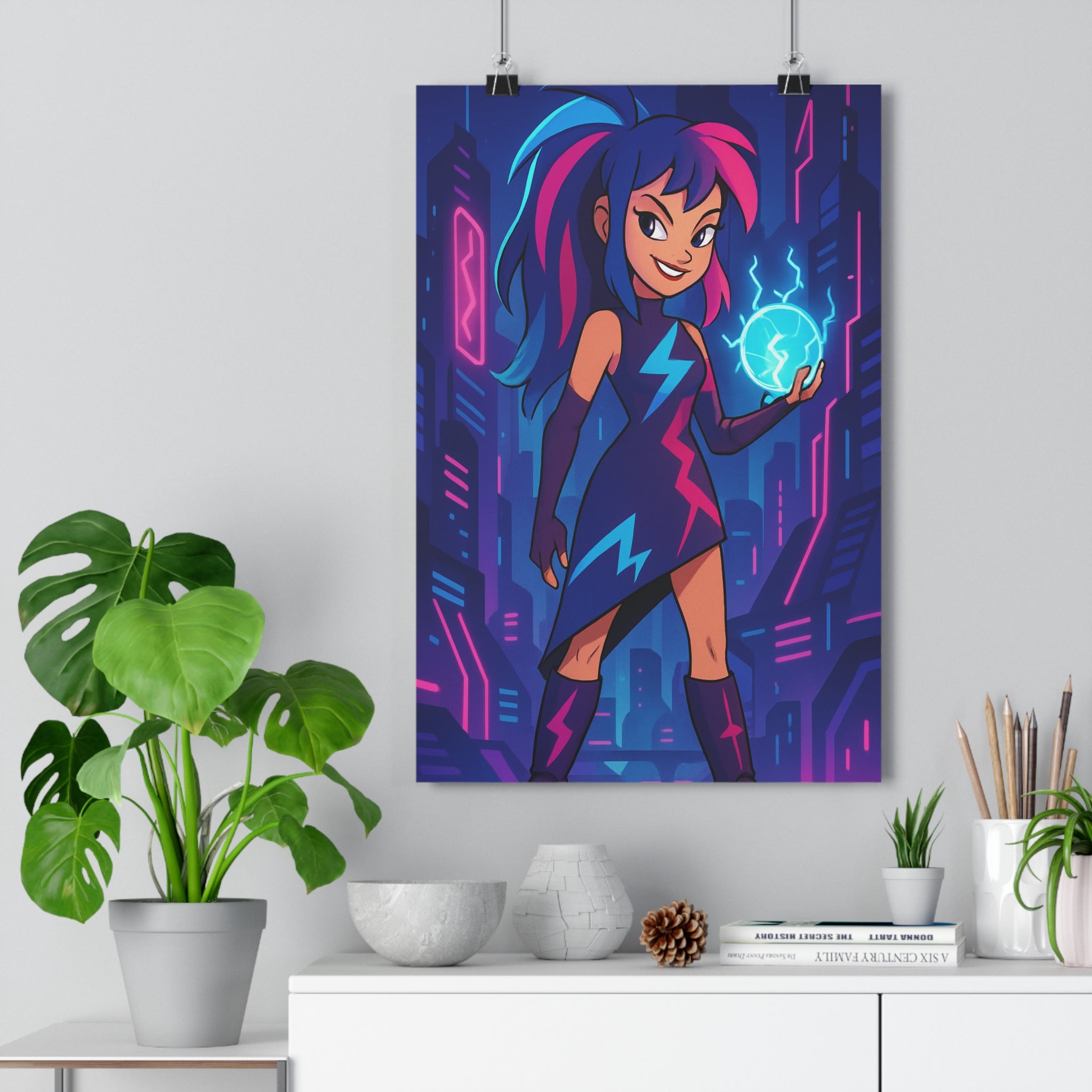 Poster décoratif futuriste néon rose bleu dynamique énergétique chambre salon moderne tendance multicolore ambiance
