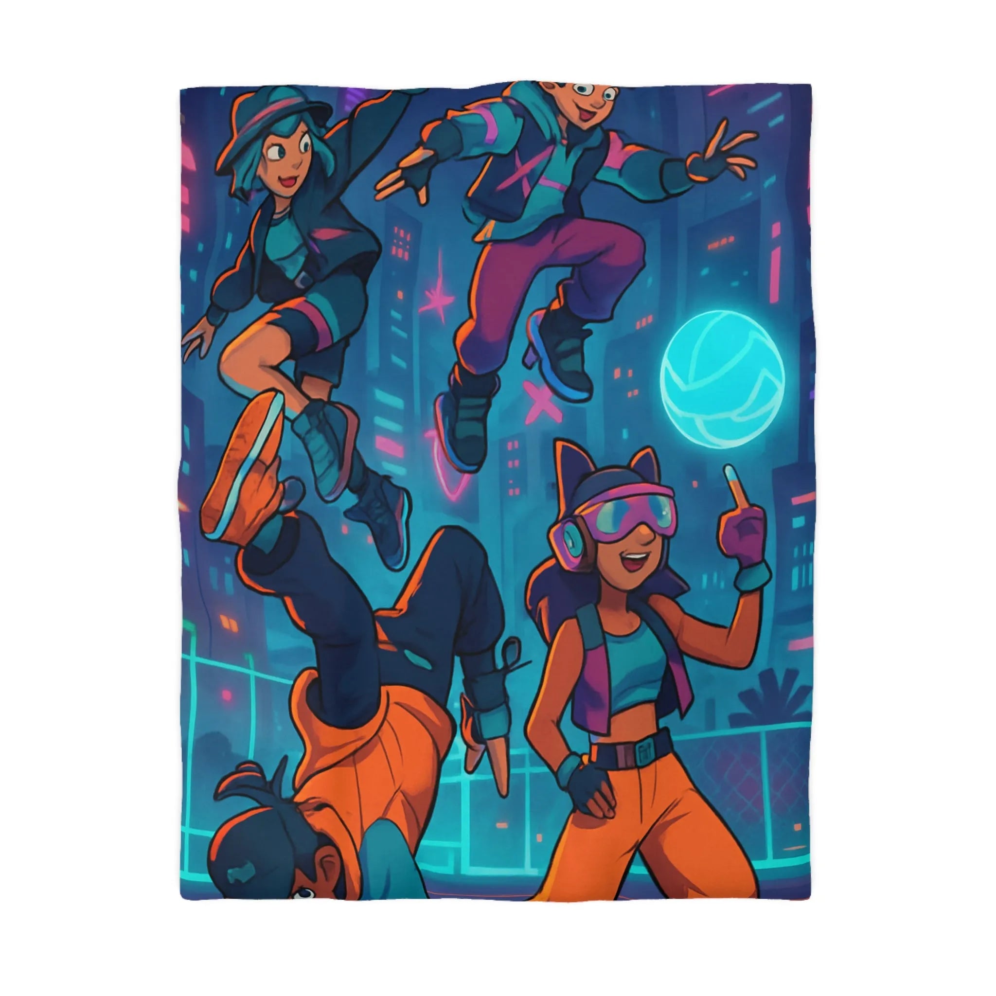 Housse de couette colorée avec personnages futuristes dans un décor urbain néon dynamique