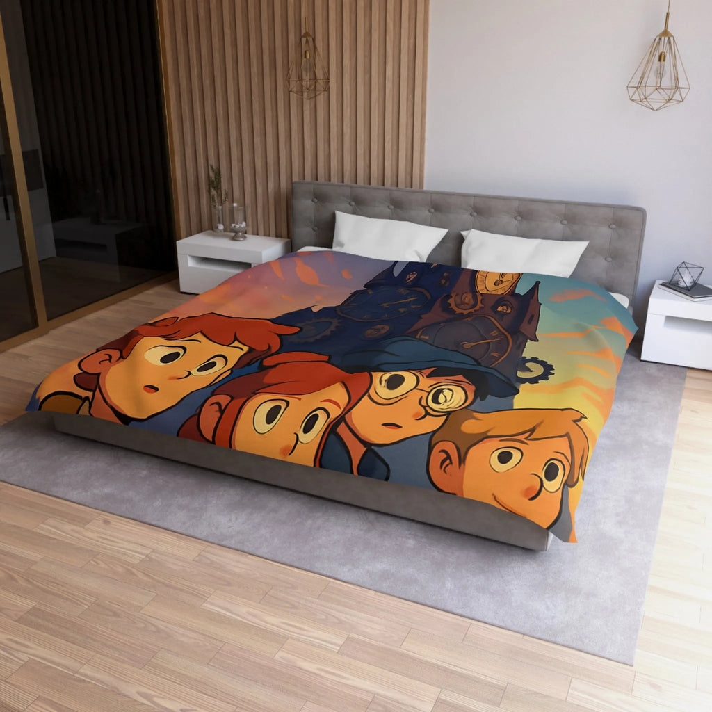 Housse de couette illustrée aventure jeunesse horloges coucher de soleil style animé vibrant