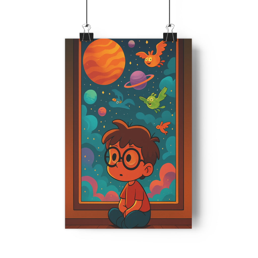 Poster décoratif enfant ciel étoilé créature cartoon magique bleu vert orange chambre 30x46cm qualité