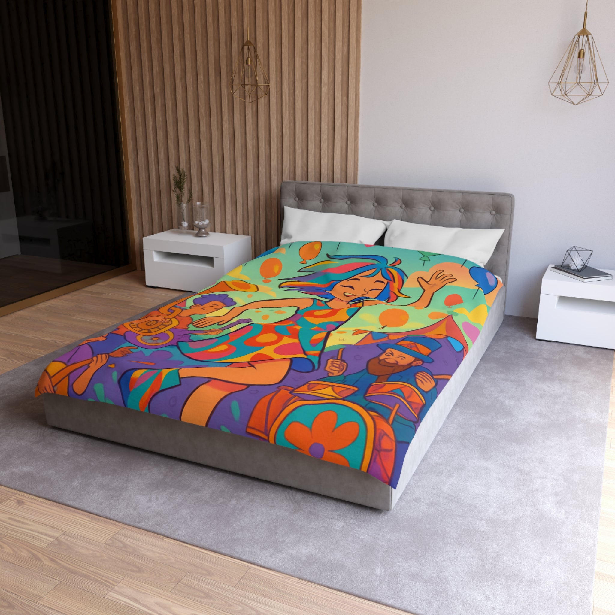Housse de couette multicolore avec motif de fête joyeuse et personnages dansants