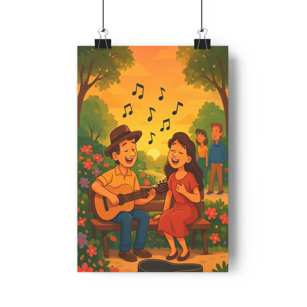 Poster décoratif romantique guitare fleurs orangé cartoon joyeux salon chambre parc ambiance chaleureuse qualité