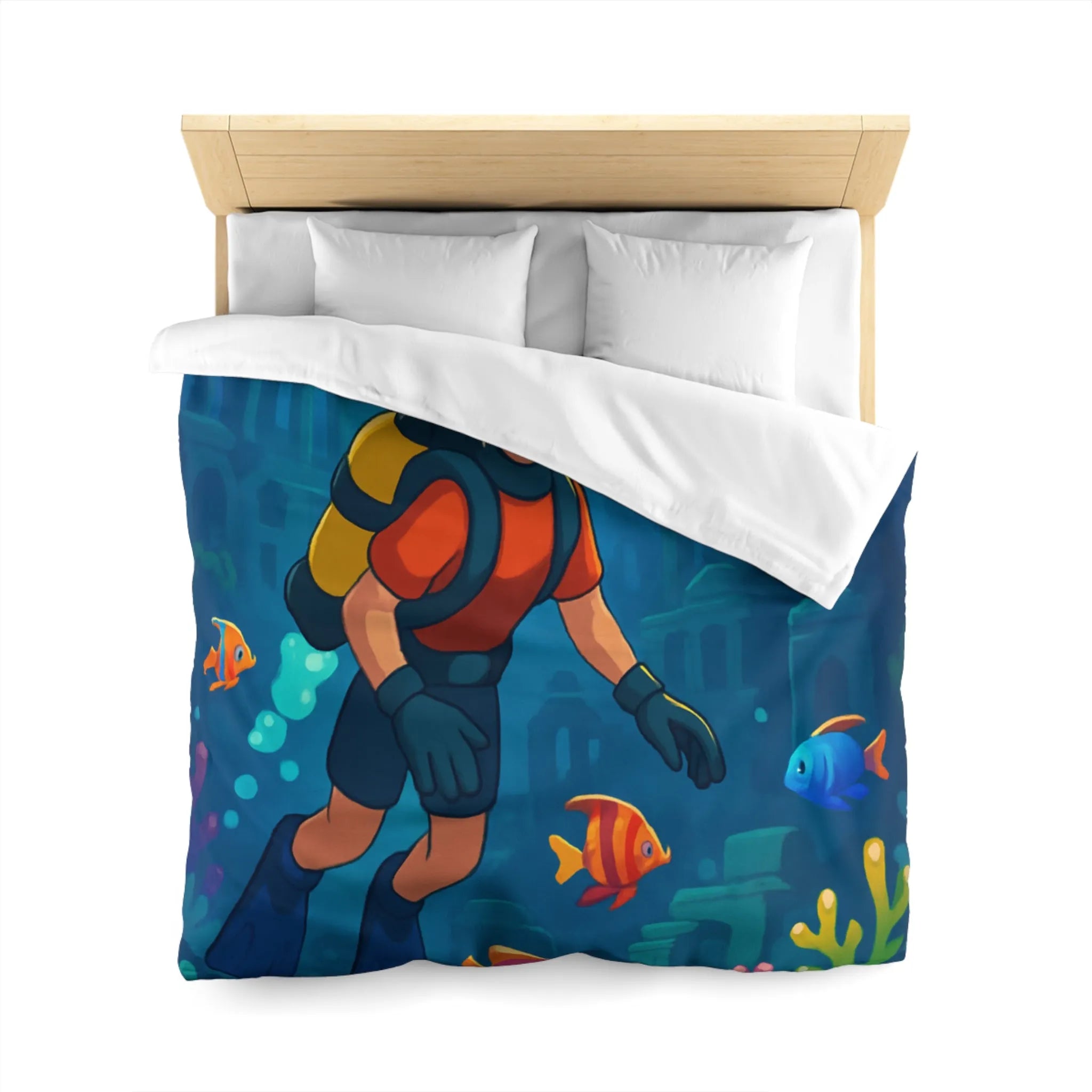 Housse de couette colorée avec plongeur et ruines sous-marines, poissons tropicaux vibrants