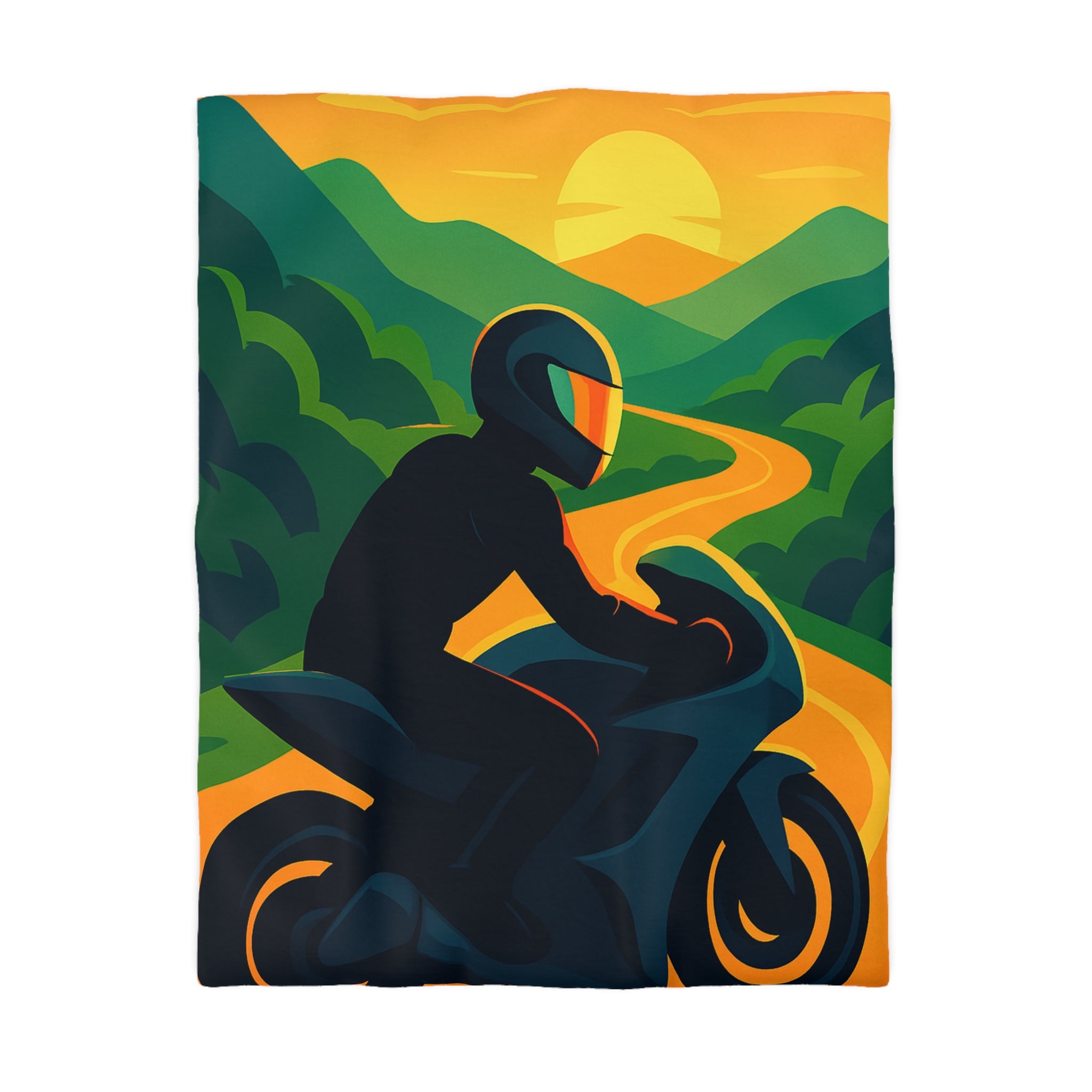 Housse de couette moto route sinueuse coucher de soleil horizon montagne vibrante