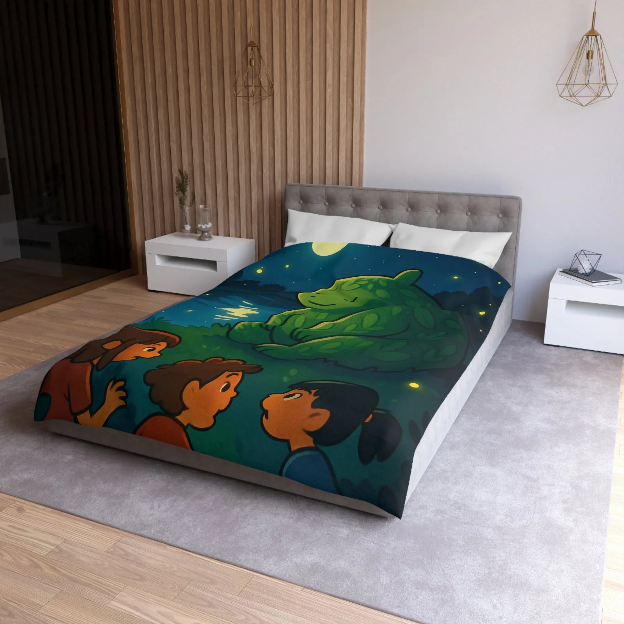 Housse de Couette Enchantée avec Ours Feuillu, Enfants et Nuit Étoilée