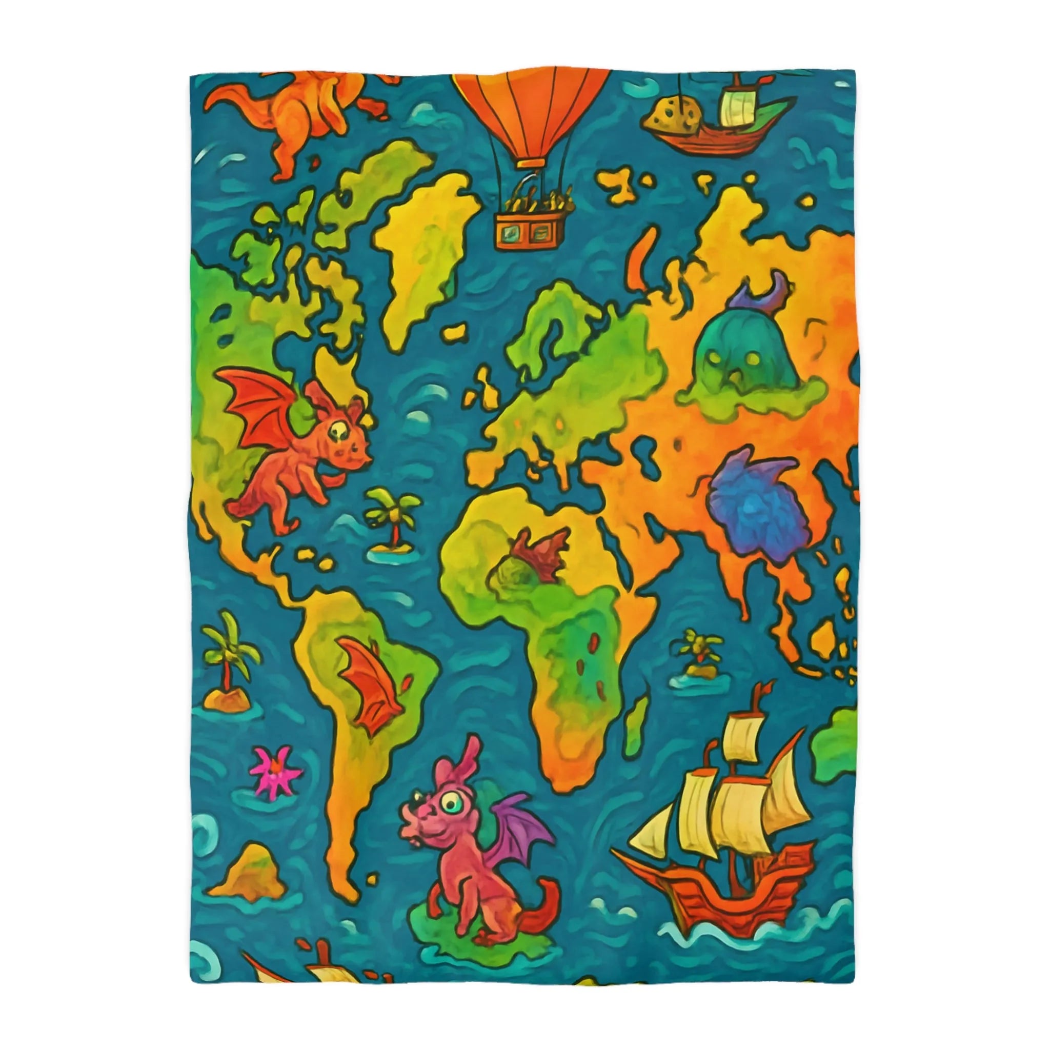 Housse de couette carte monde fantastique avec dragons et bateaux pour enfant