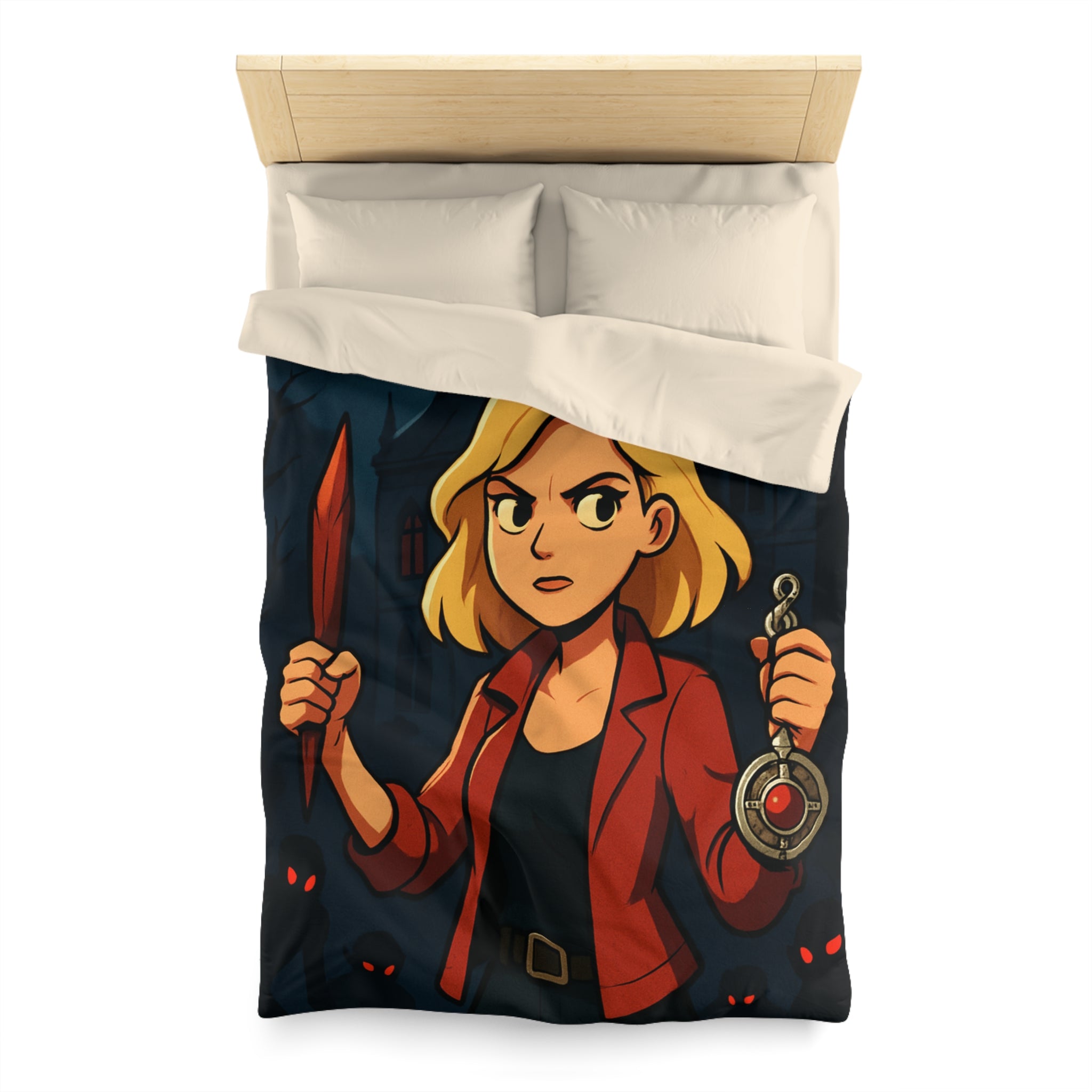 Housse de couette mystérieuse avec scène de château effrayant, pleine lune et silhouette combattive