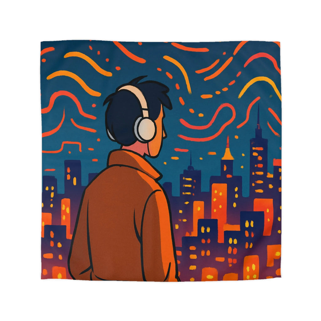 Housse de Couette avec Design Jeune Homme devant Ville Illuminée et Ciel Étoilé