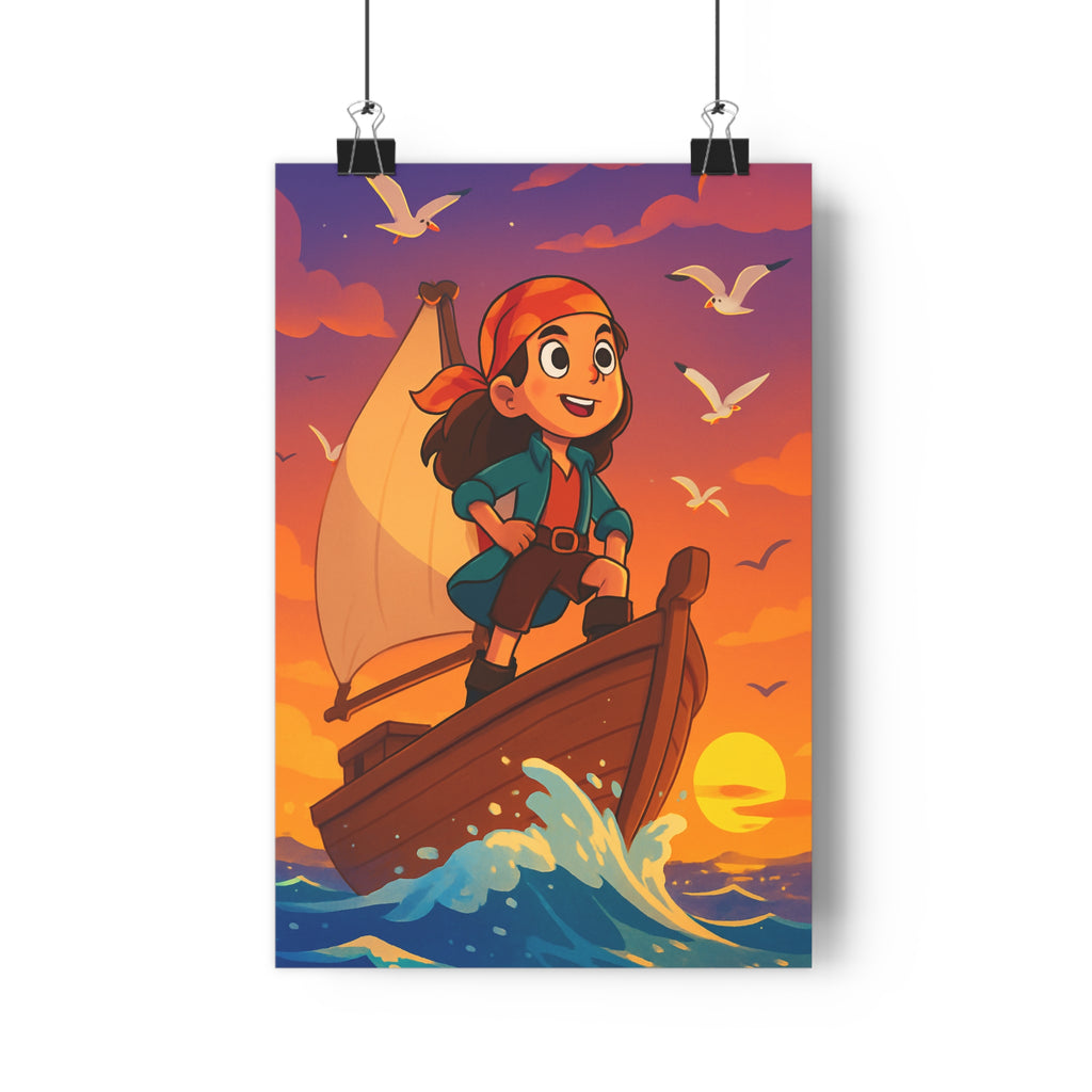 Poster décoratif coloré aventurier maritime coucher soleil océan vagues cartoon joyeux chambre enfant qualité