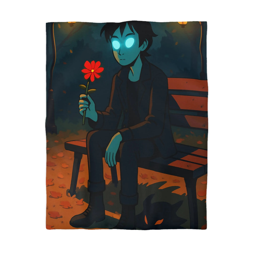 Housse de couette de parc nocturne mystérieux avec personnage sombre aux yeux lumineux