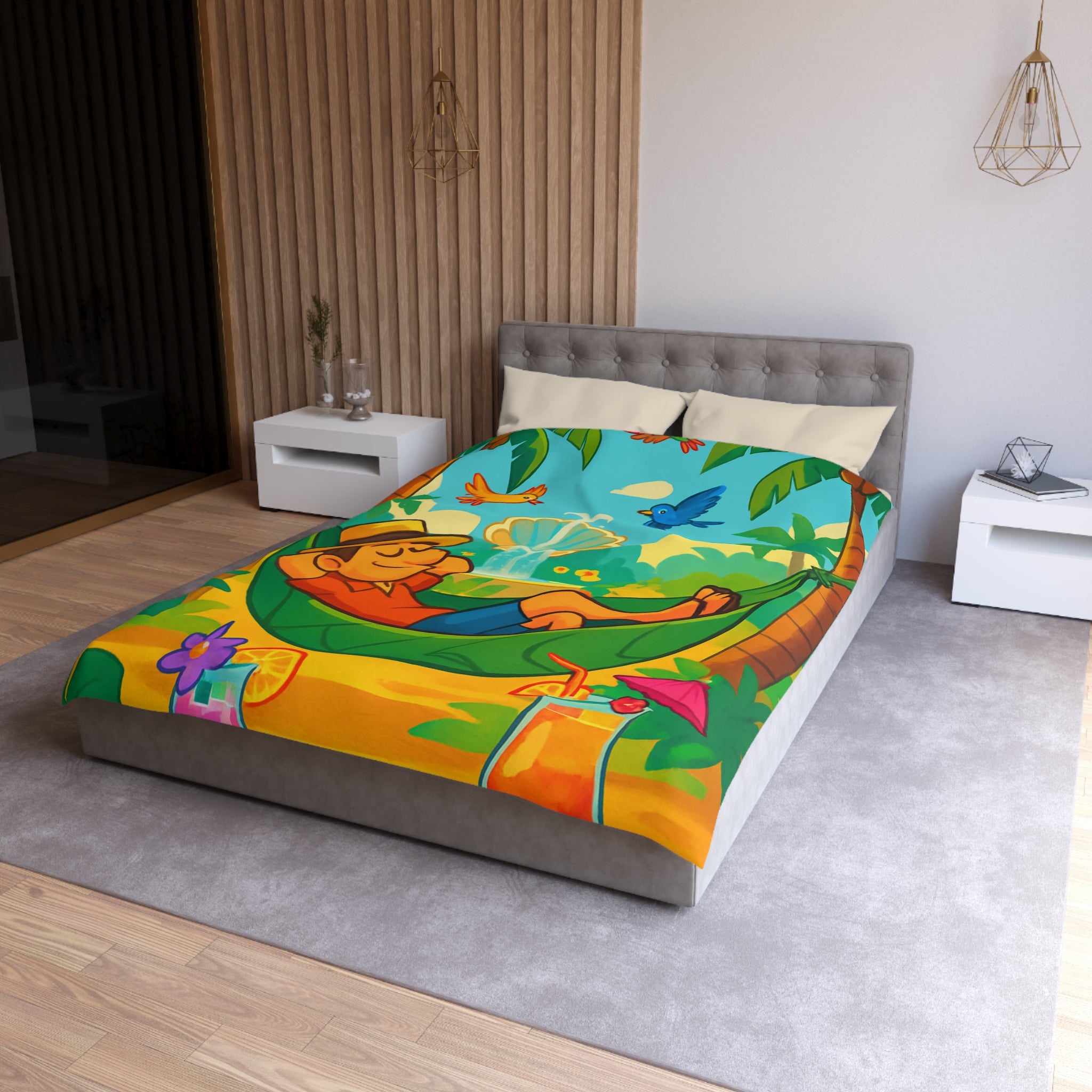 Housse de Couette Tropicale Colorée avec Oiseaux et Hamac pour Décoration Joyeuse