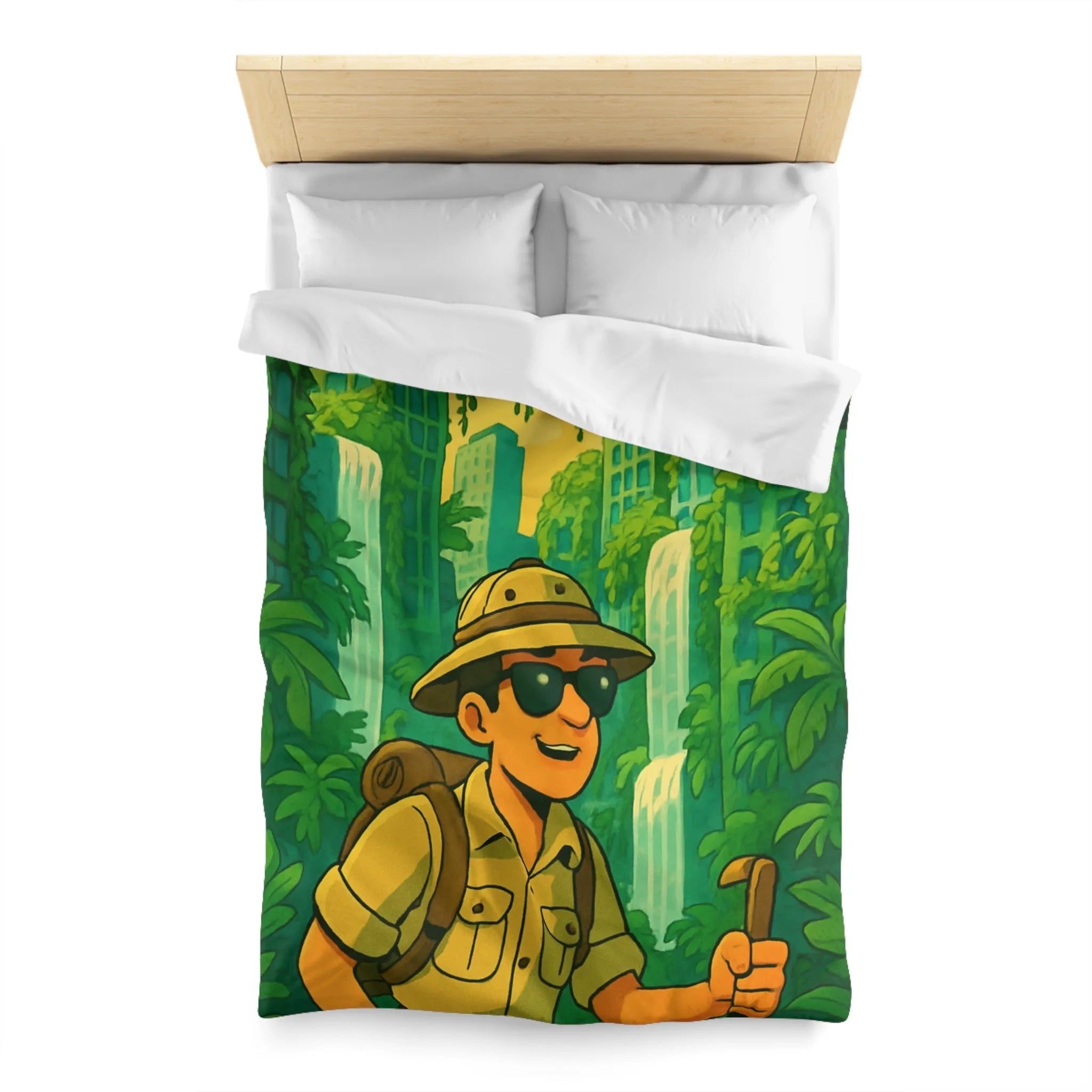 Housse de Couette Aventure Tropicale Multicolore avec Explorateur et Faune Luxuriante