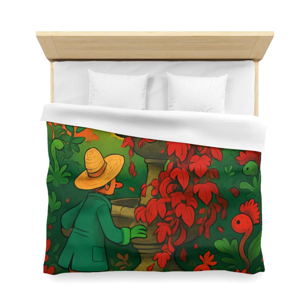 Housse de couette jardin enchanté avec fontaine et fleurs rouges pour chambre colorée