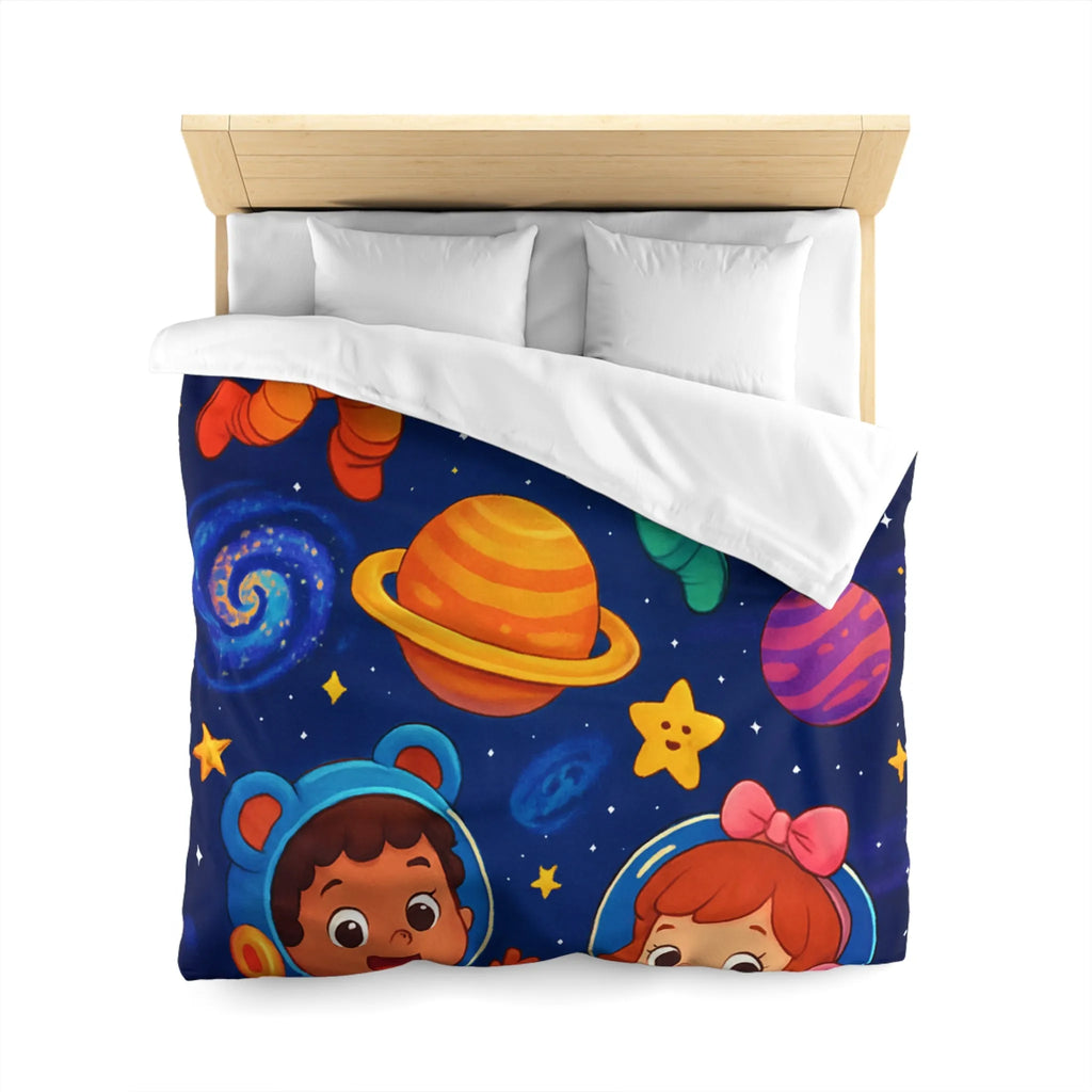 Housse de Couette Enfant : Aventure Cosmique avec Astronautes et Étoiles Colorées Stylisées