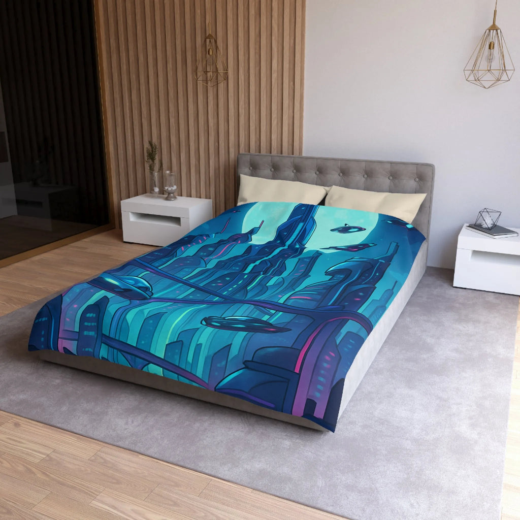Housse de couette futuriste avec ville néon et vaisseaux spatiaux sous pleine lune