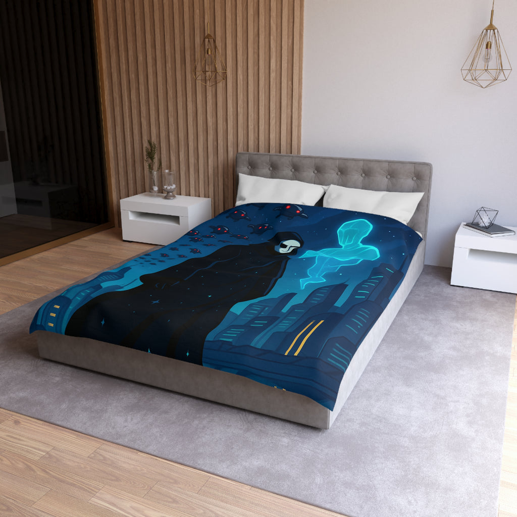 Housse de couette spatiale avec figure masquée et paysage urbain futuriste