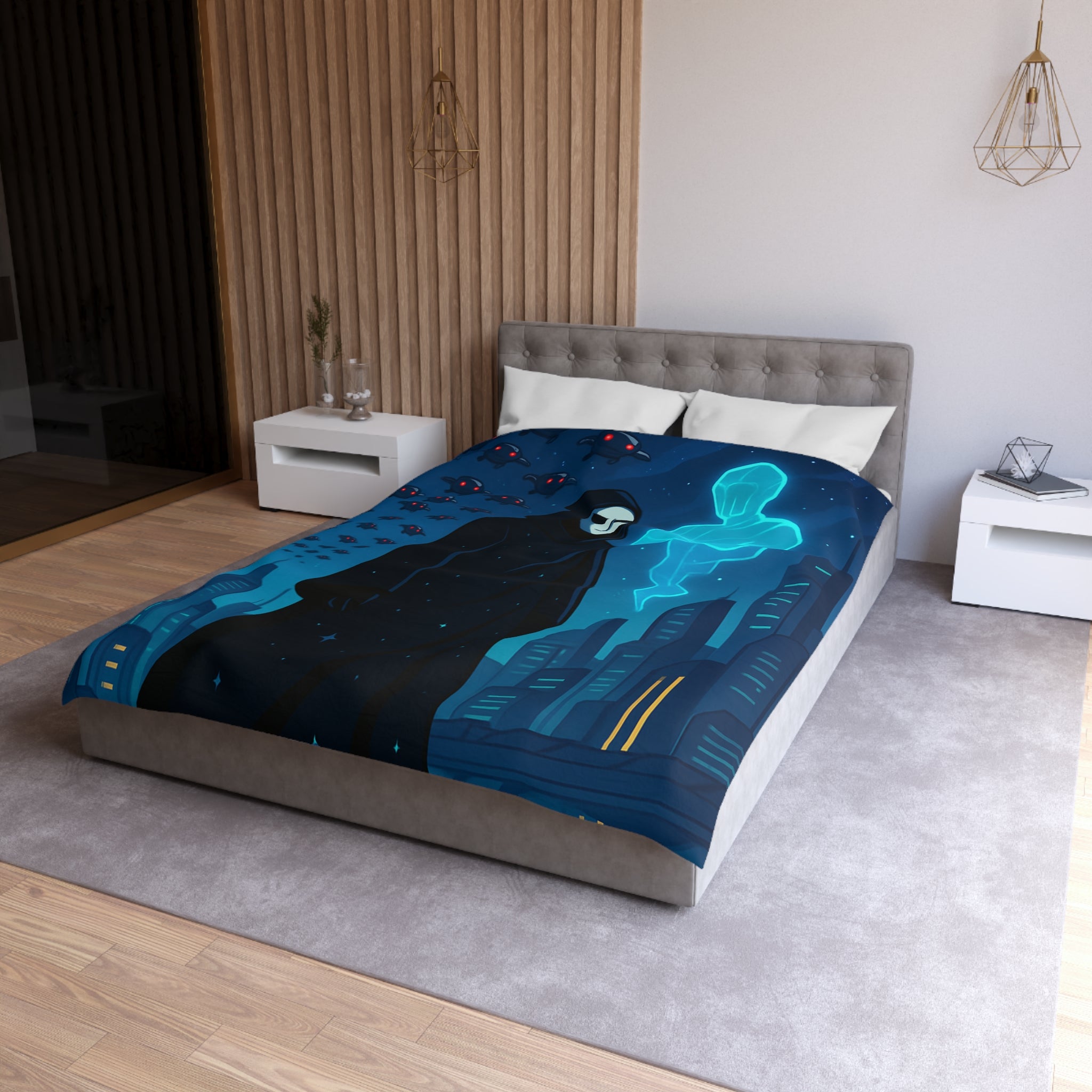 Housse de couette spatiale avec figure masquée et paysage urbain futuriste