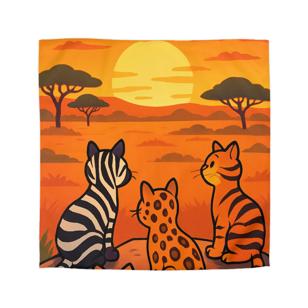 Housse de Couette avec Chats Sauvages Observant le Coucher de Soleil en Savane Africaine