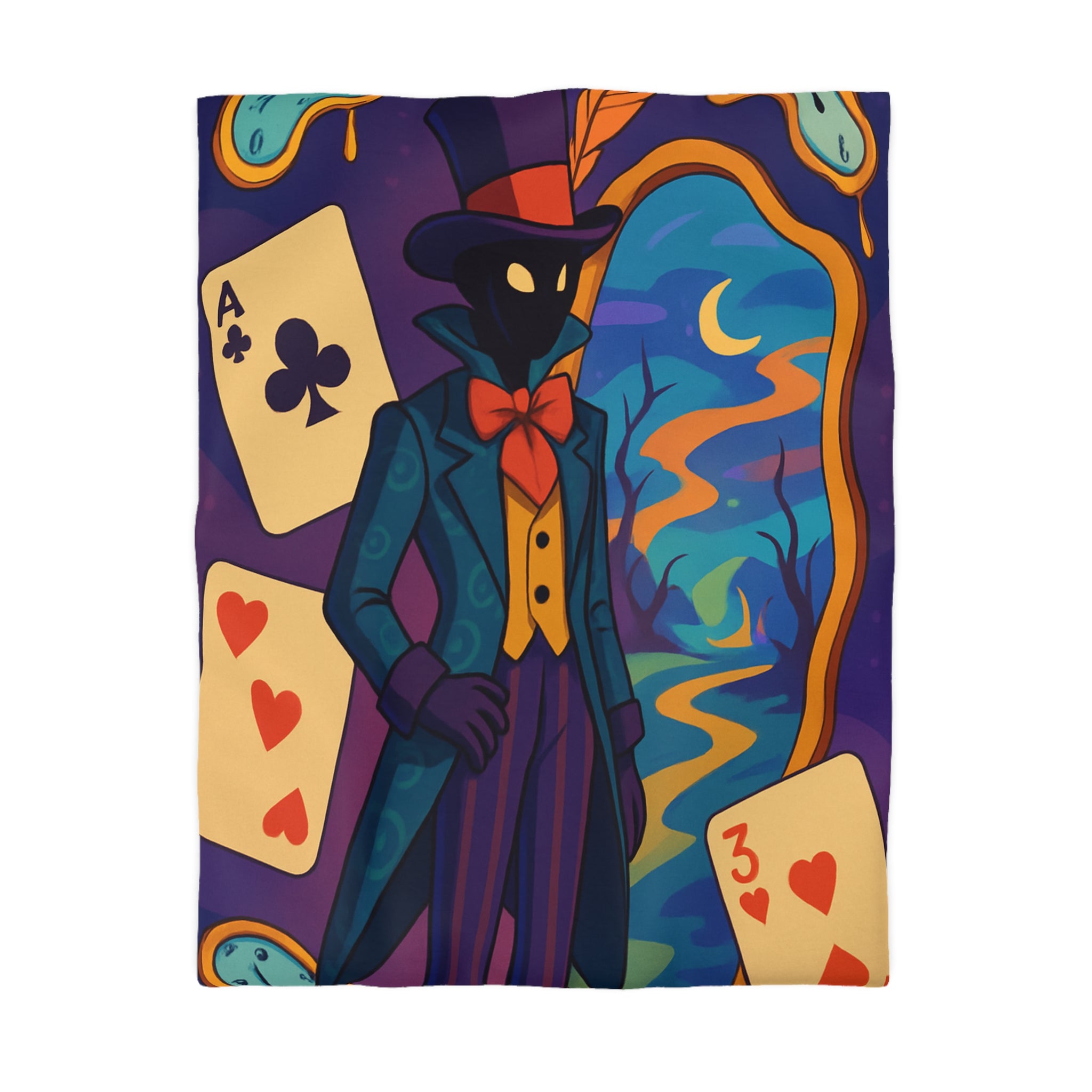 Housse de couette mystérieuse avec montre fondante et cartes à jouer colorées