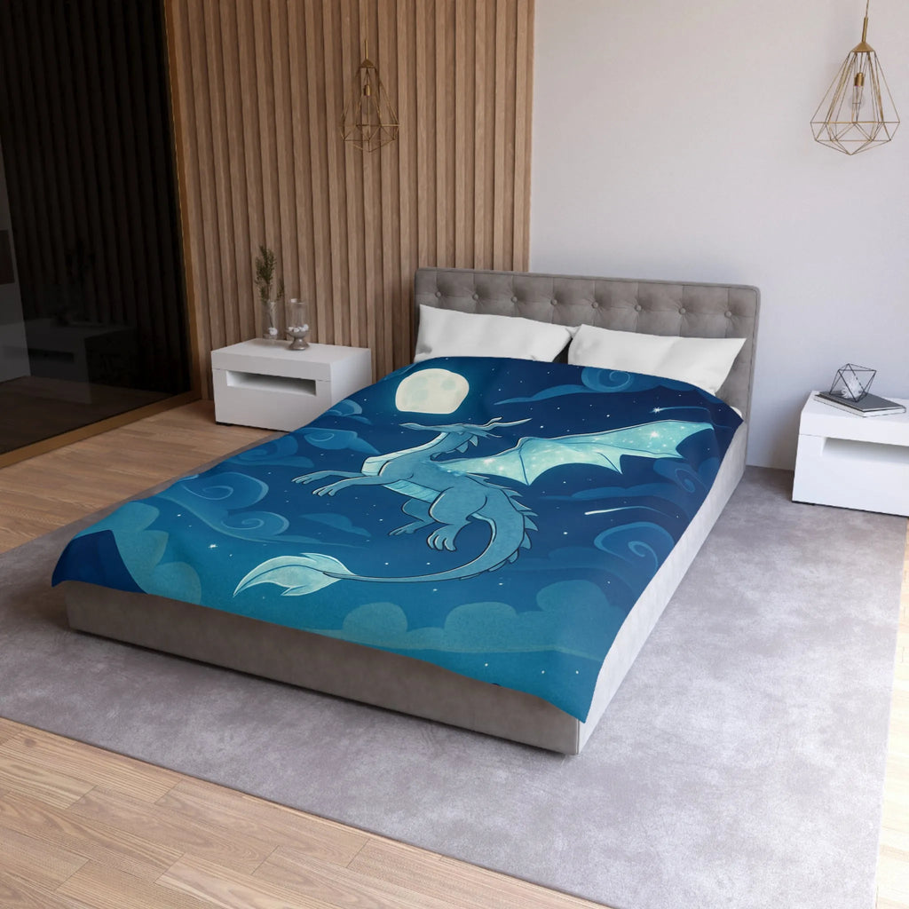 Housse de couette avec dragon bleu étincelant volant sous lune et étoiles scintillantes