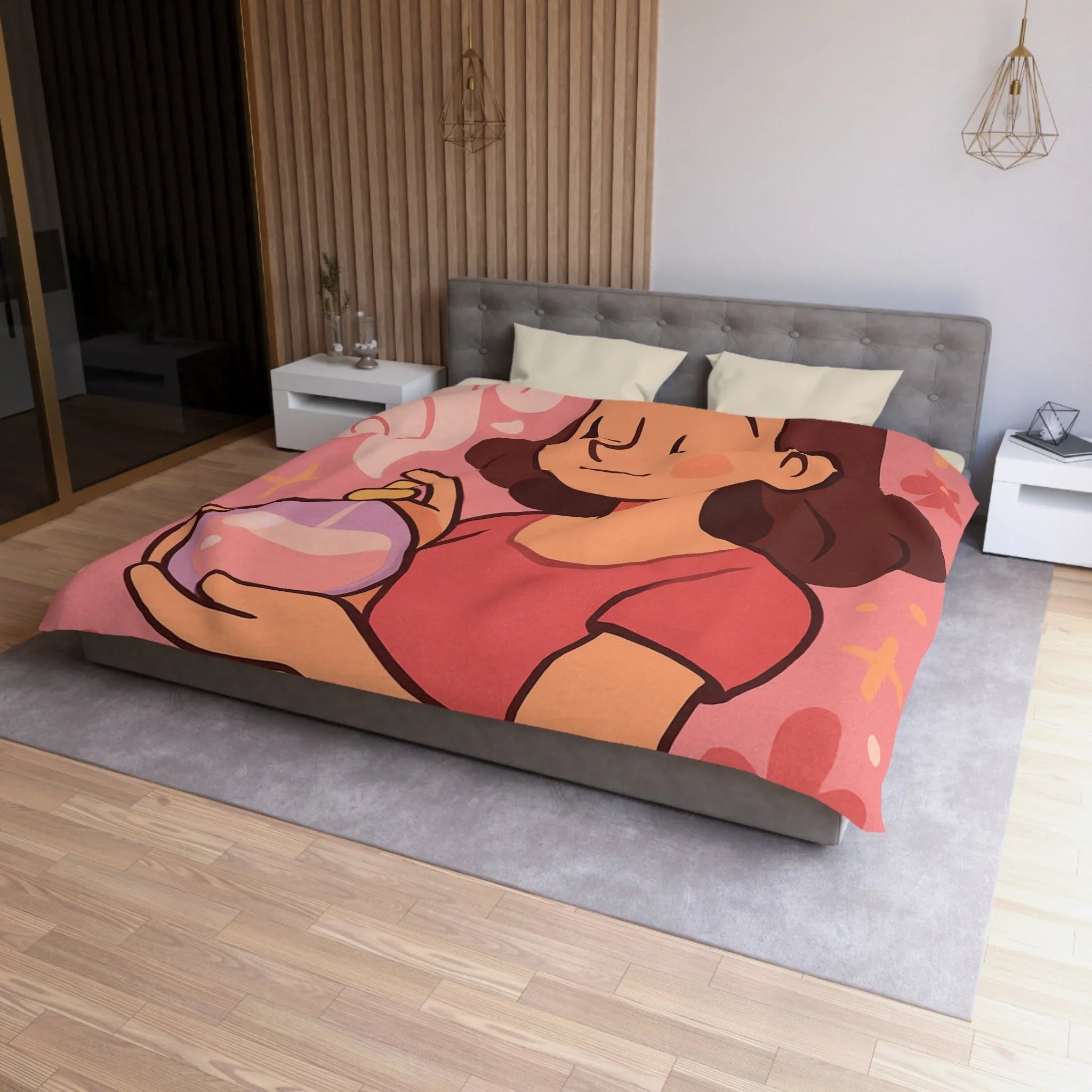 Housse de couette illustration parfum avec femme souriante tenue bouteille contre fond rose