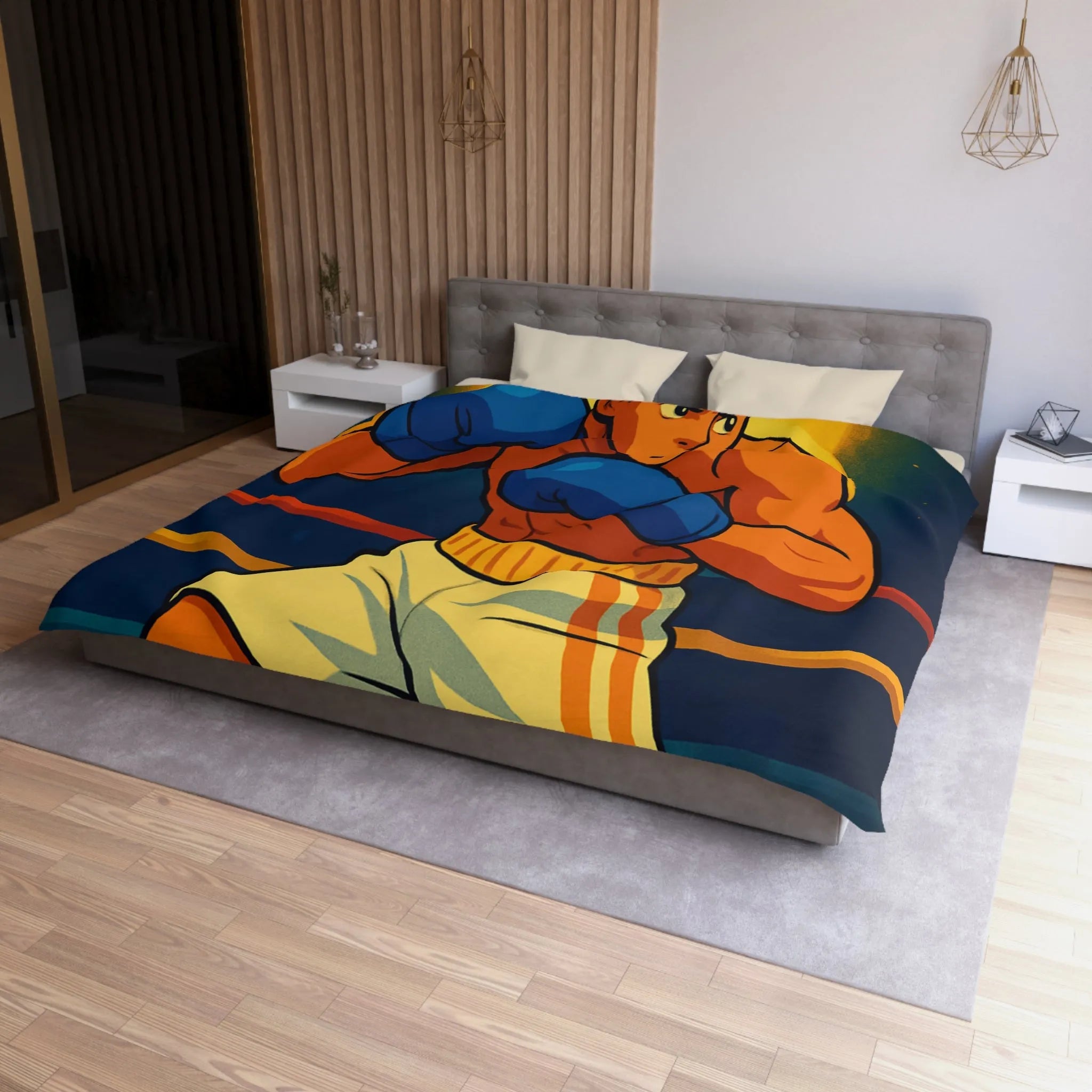 Housse de couette avec motif boxeur animé prêt pour le ring, style vibrant