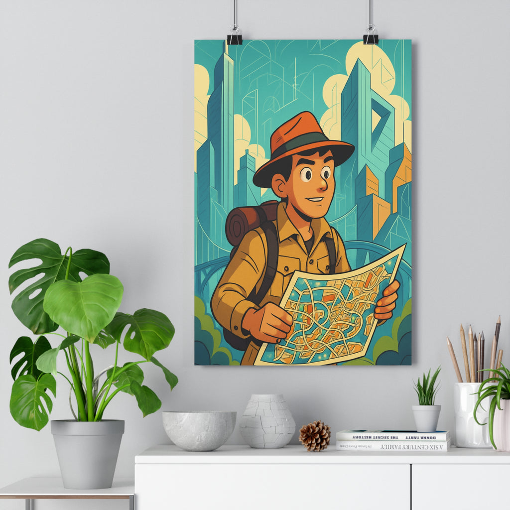 Poster décoratif explorateur moderne bleu orange aventure bureau chambre enfant dynamique qualité exceptionnelle qualité