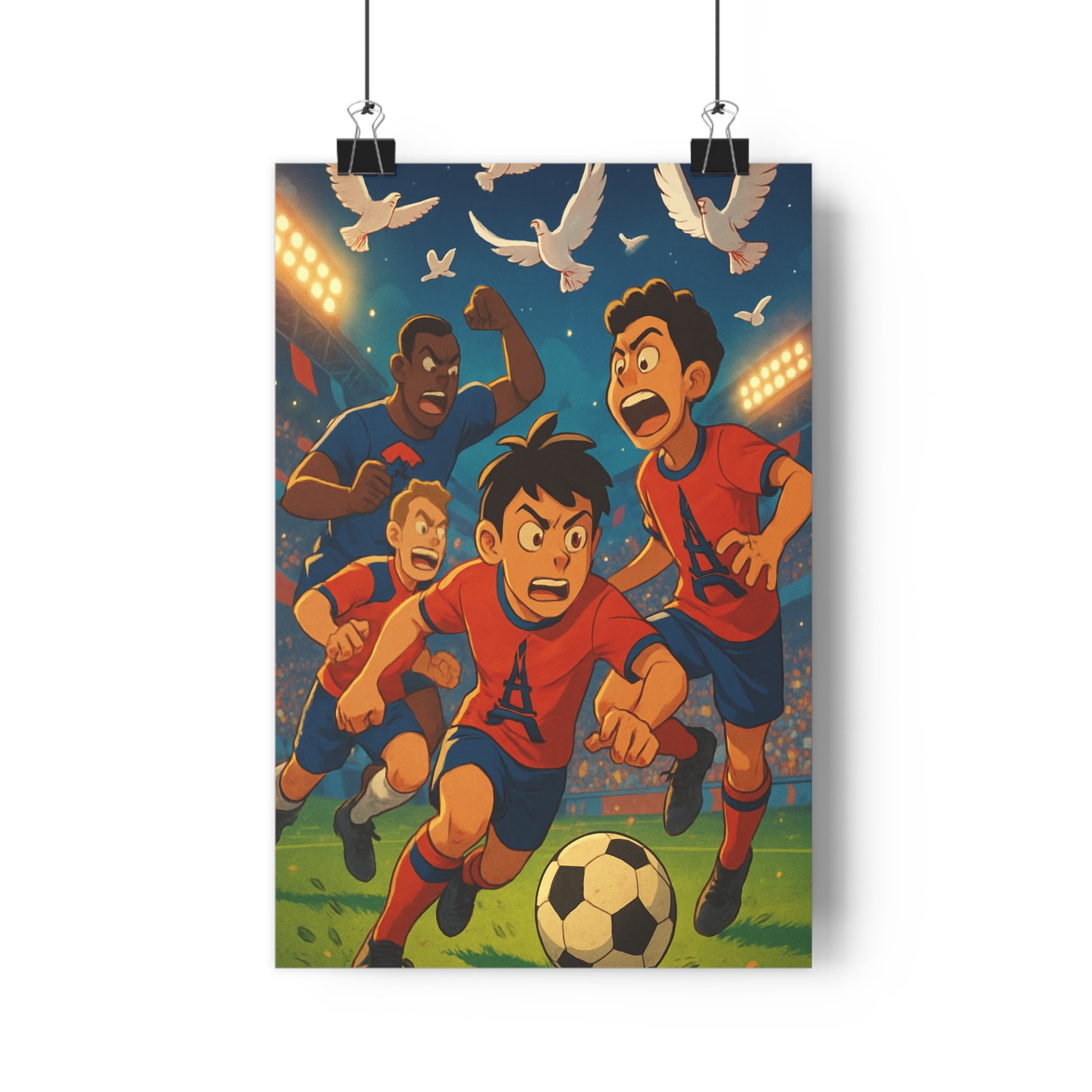 Poster décoratif dynamique cartoon rouge bleu football passion salon chambre moderne expressif unique qualité