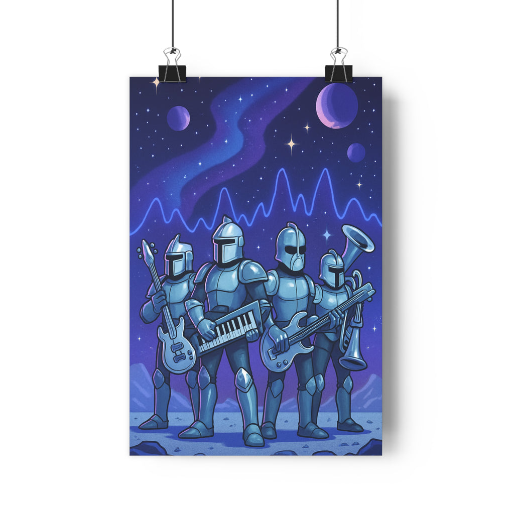 Poster décoratif chevaliers bleu violet cartoon futuriste épique musique chambre cosmique moderne unique ambiance