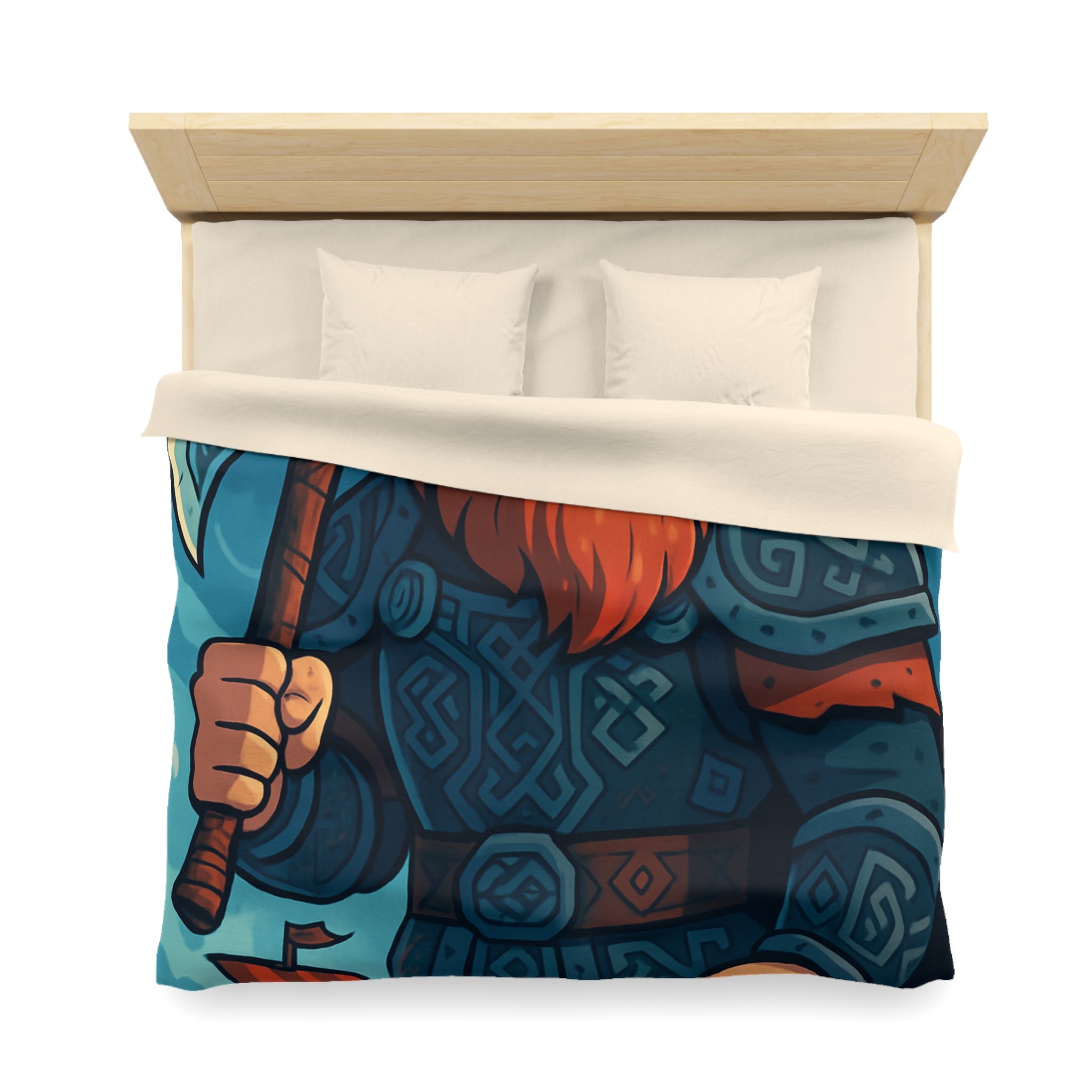 Housse de Couette Viking Illustrée avec Guerrier et Drakkar sur Fond Océan Tempétueux