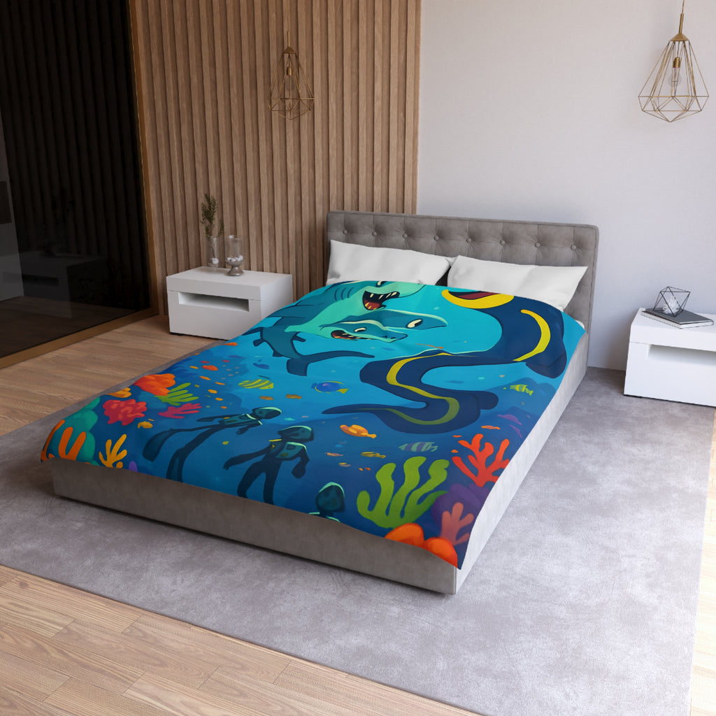 Housse de couette océan vibrante avec requins amicaux et plongeurs explorateurs