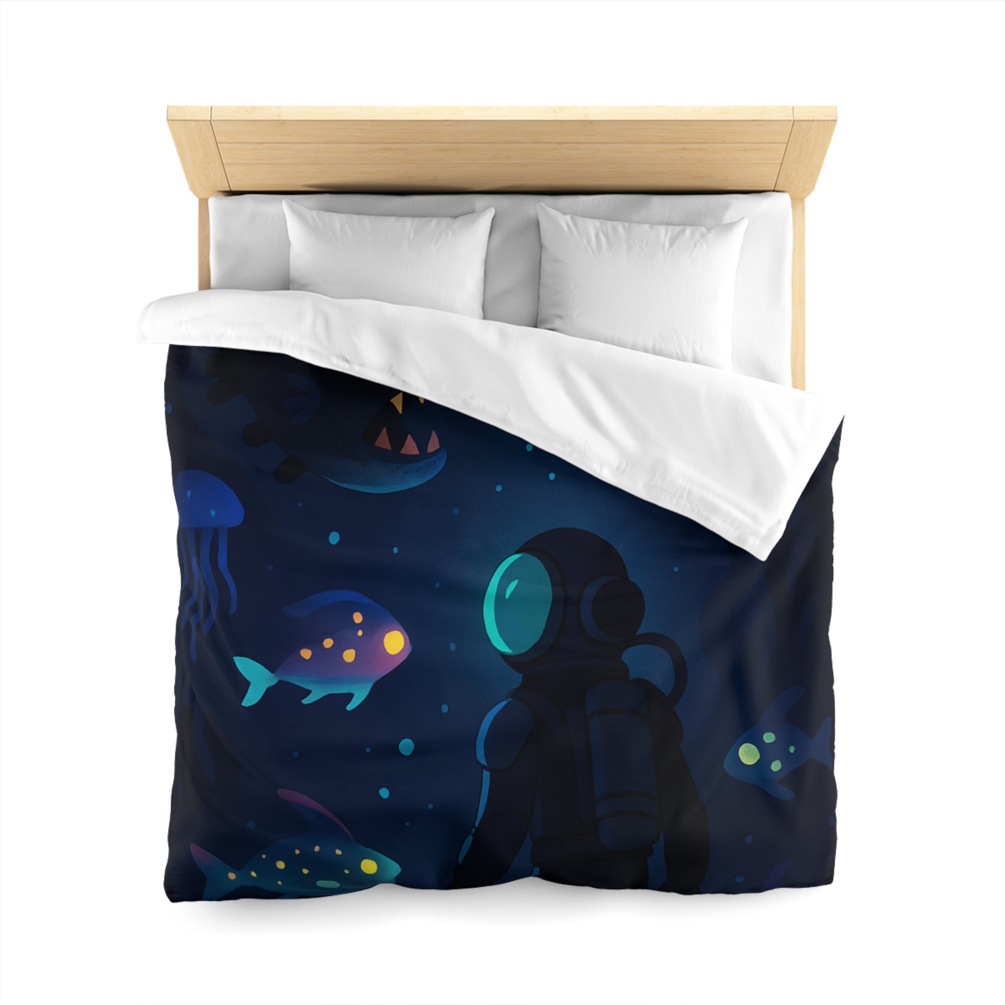 Housse de couette océanique avec plongeur et créatures marines lumineuses mystérieuses